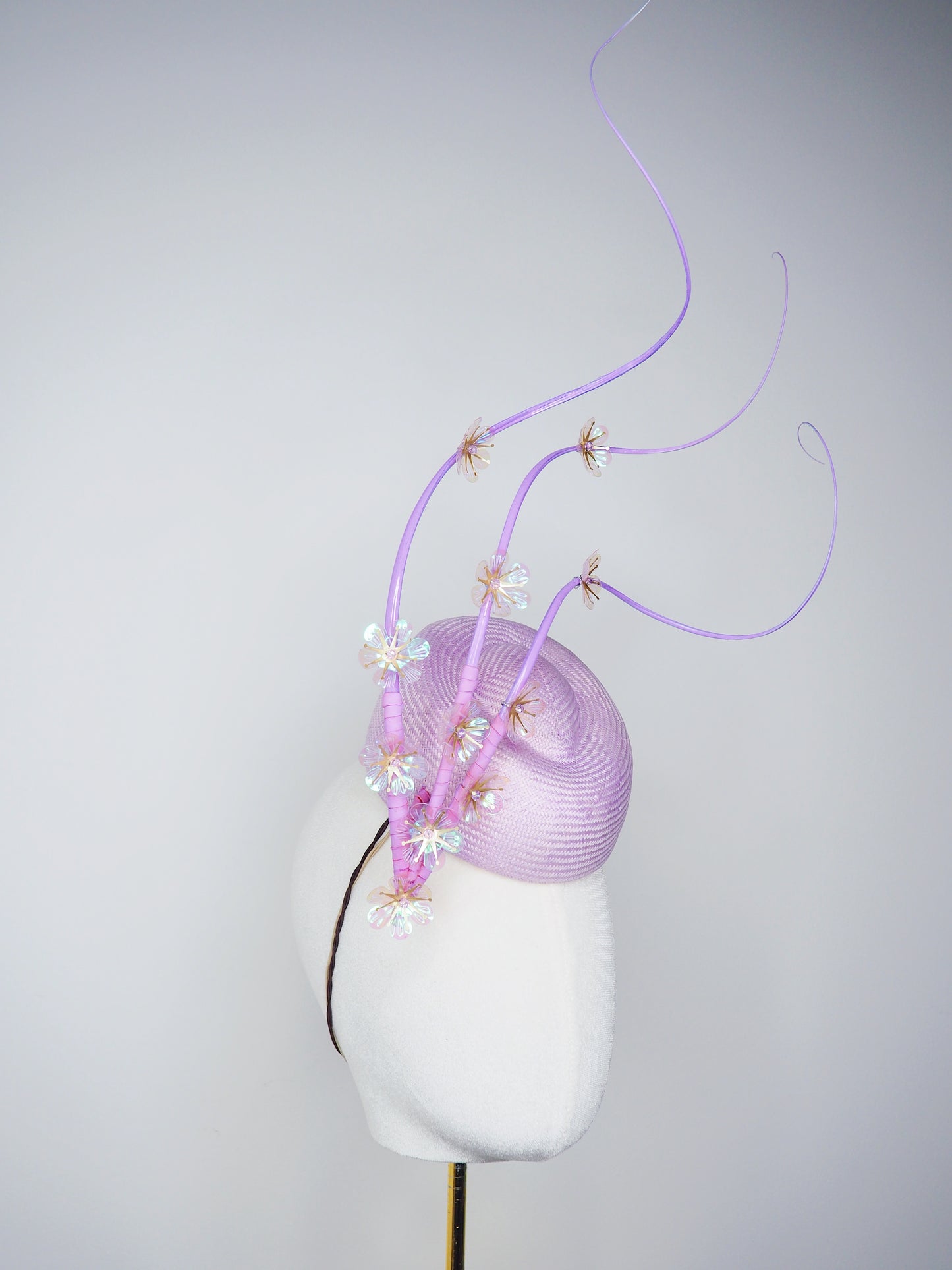 Blossoms in Flight - Pastel lilac pork pie pillbox with floating quills and iridescent cherry blossom detail