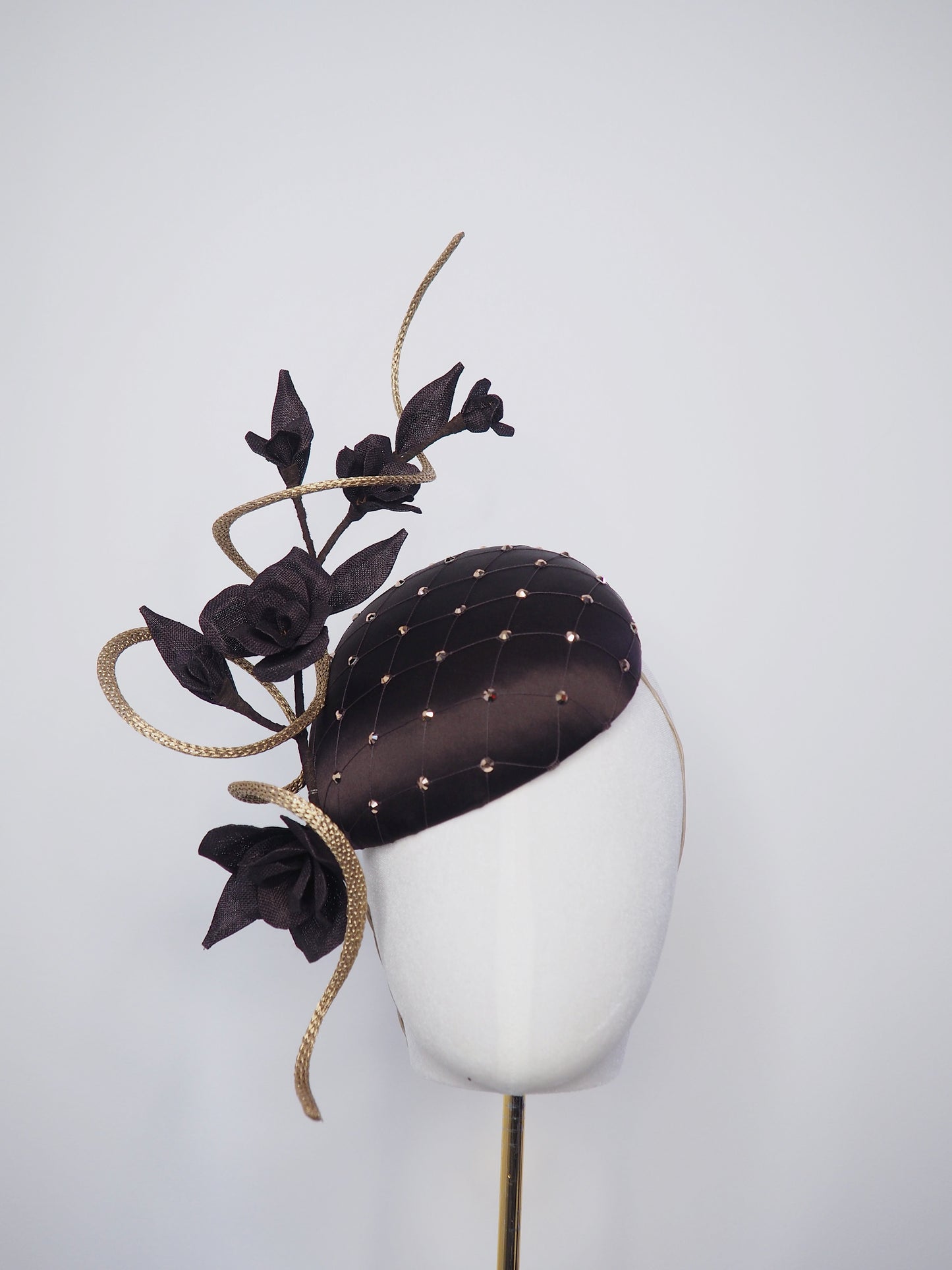 Cocoa Latte - Petite chocolate brown silk facehugger with vintage veil and rose gold crystal detail, sculpted wired swirl, and vintage straw roses