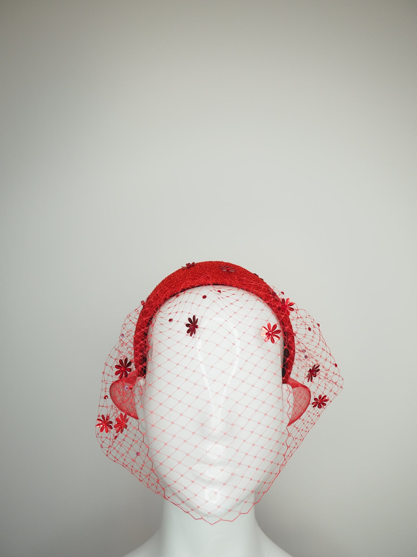 Blushing Bride - Red vintage straw pillbox with beaded sequin flower detail and crystal veil