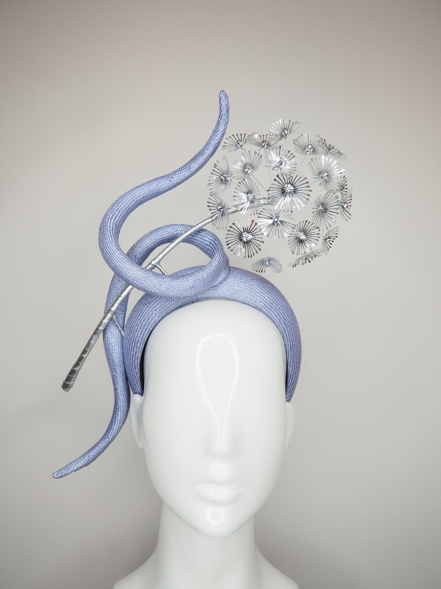 Dandelion delight - periwinkle parisisal straw headband with silver beaded sequin dandelion