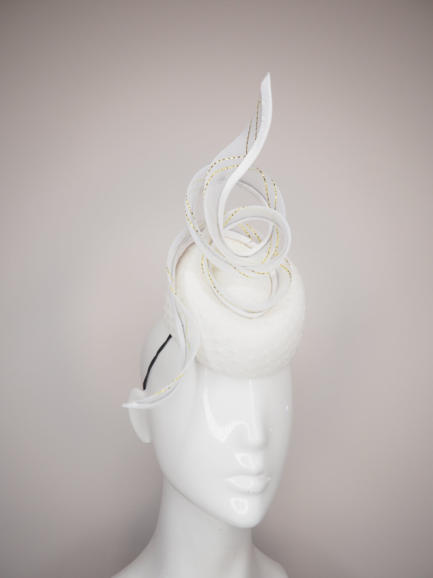 White Whisper - White pork pie pillbox with crinoline swirl with gold lurex threads