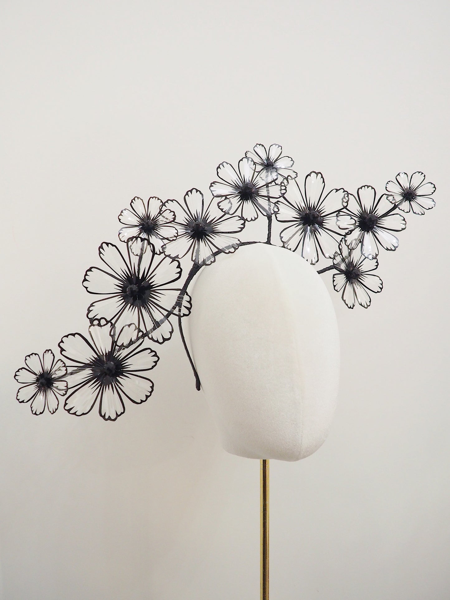 Cosmo Shaddow - Black and transparent Crystoform cosmo flowers on a leather wrapped headband