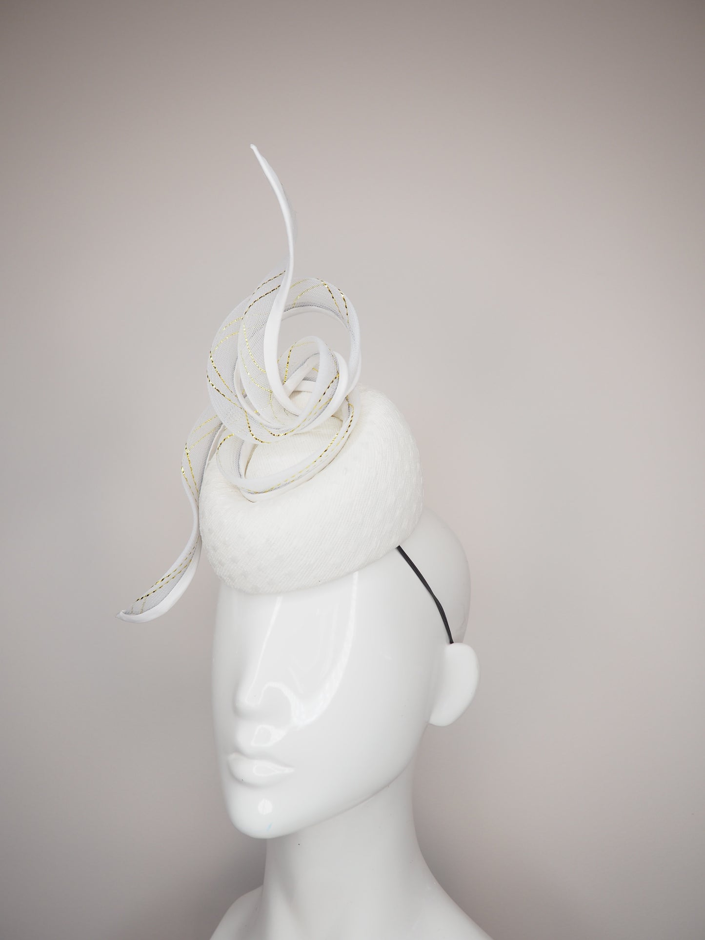 White Whisper - White pork pie pillbox with crinoline swirl with gold lurex threads