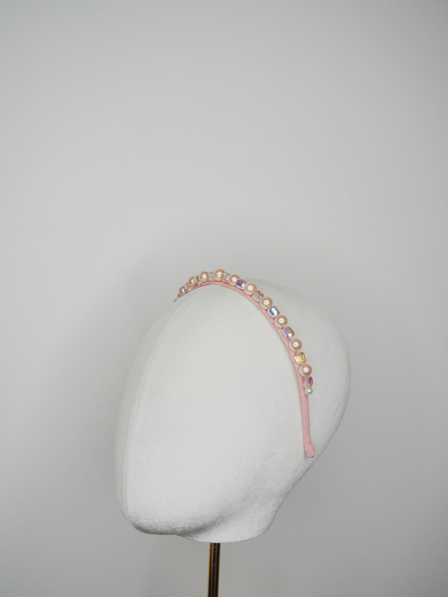 Alexa - Baby pink glass bead and pearl headband with delicate iridescent effect
