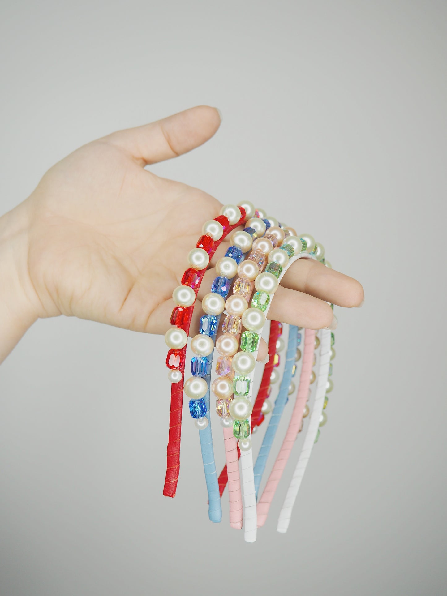 Alexa - green glass bead and pearl headband with delicate iridescent effect