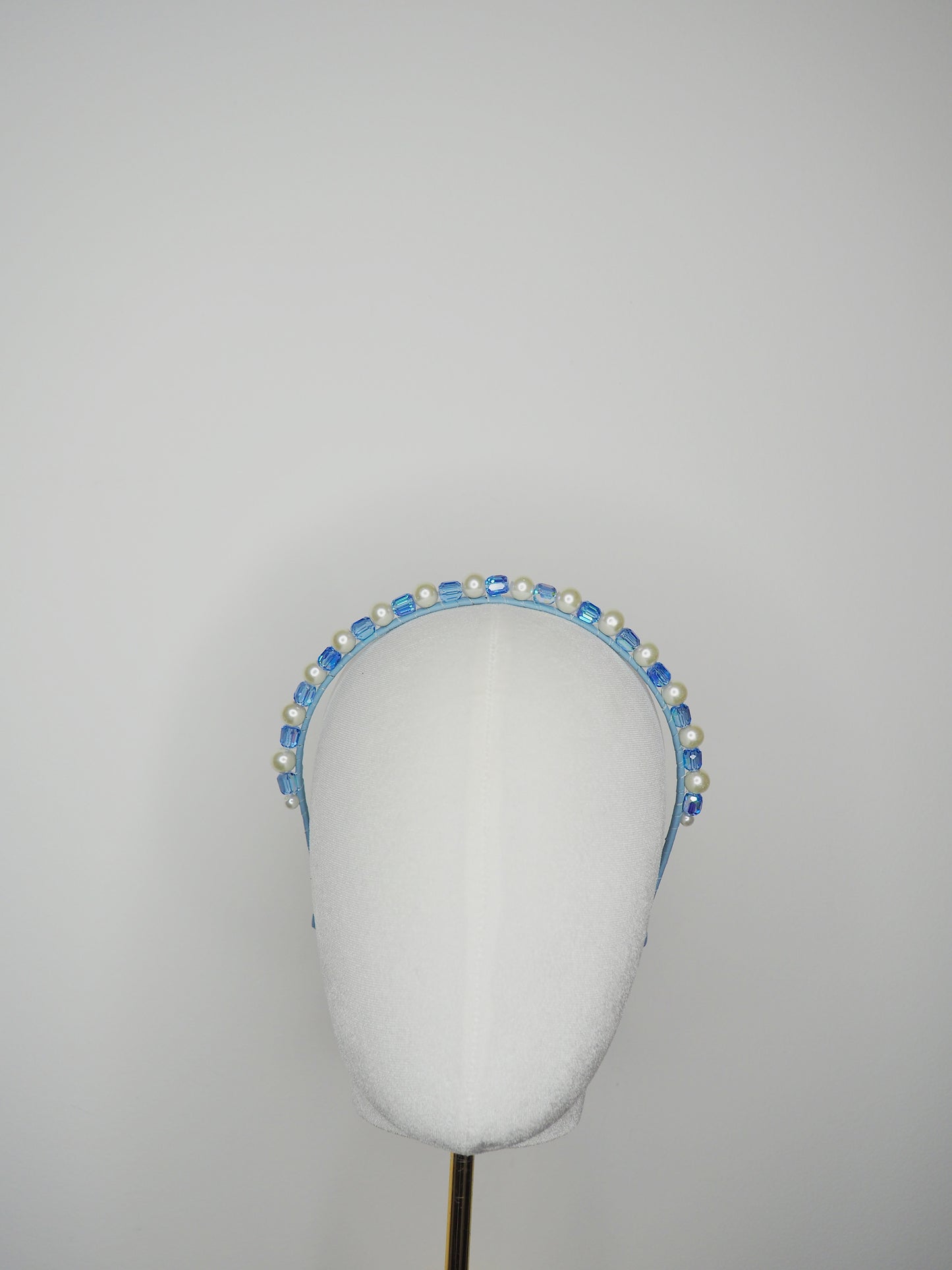 Alexa - Pale Sapphire glass bead and pearl headband with delicate iridescent effect