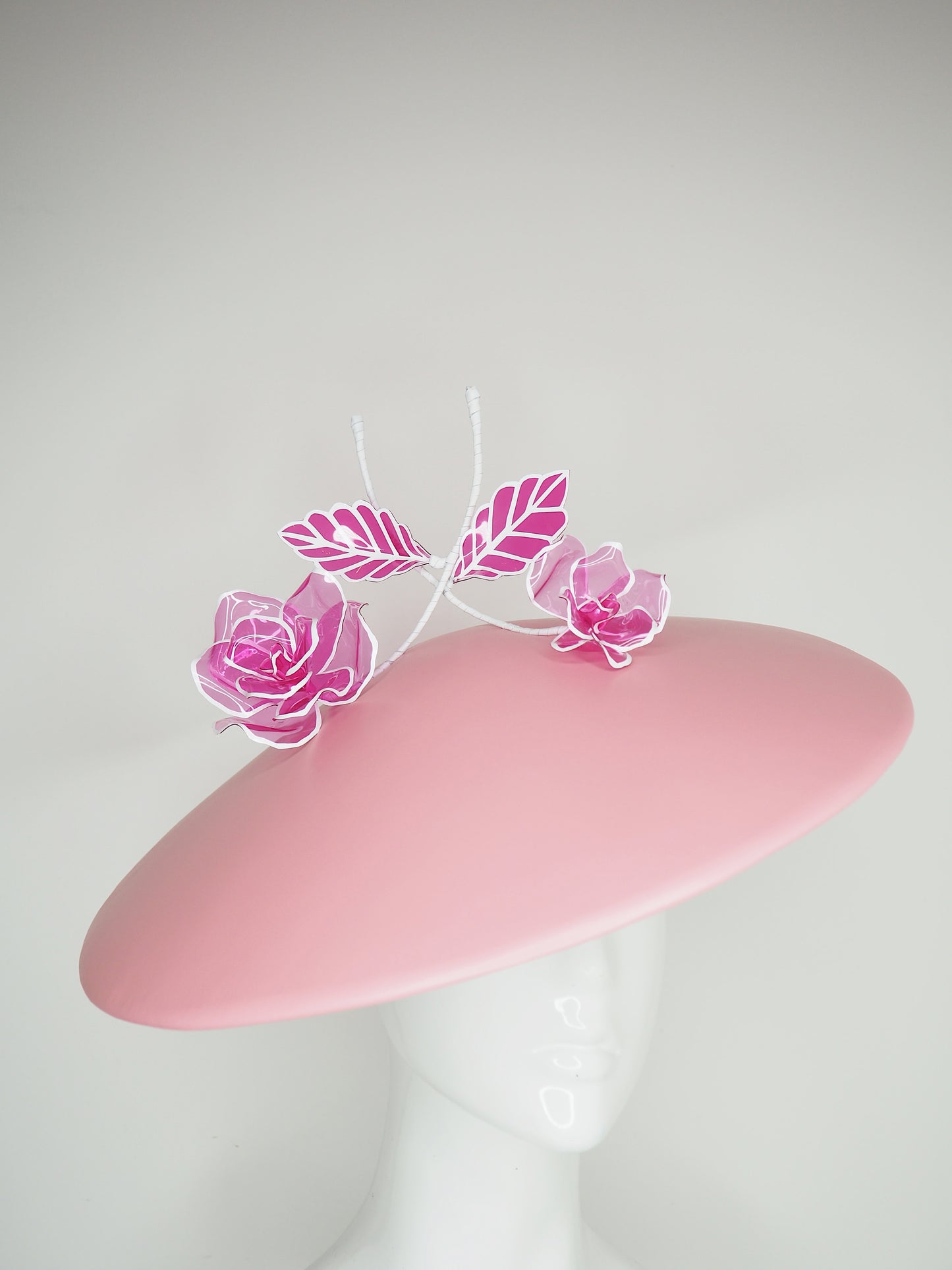 Pastel with a pop - Baby pink and white leather Coolie brim with shades of pink crystoform rose