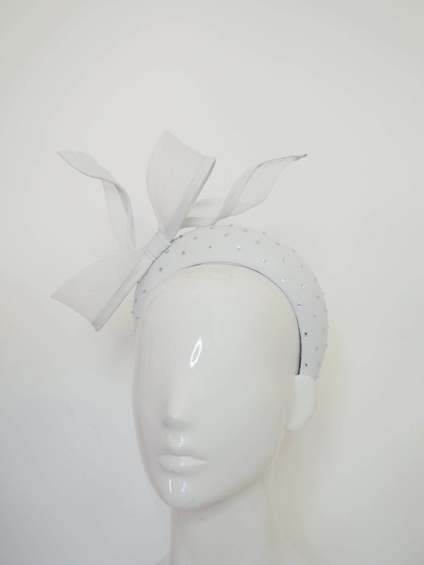 Little Bow Peep -White Leather 3d headband with leather edged bow and crystal detail
