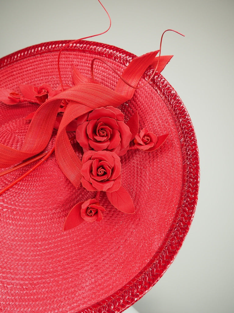 Fever dreams - Red buntal straw curved saucer brim with rose vine and jinsin swirls
