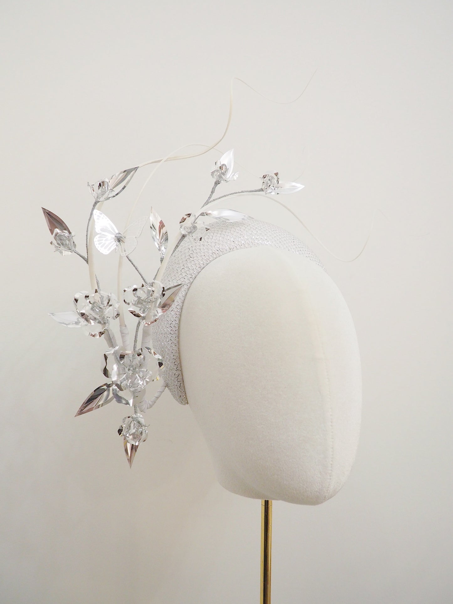 Where the wind blows - Silver lurex 3d headband with floating quills and silver crystoform rose bud vine