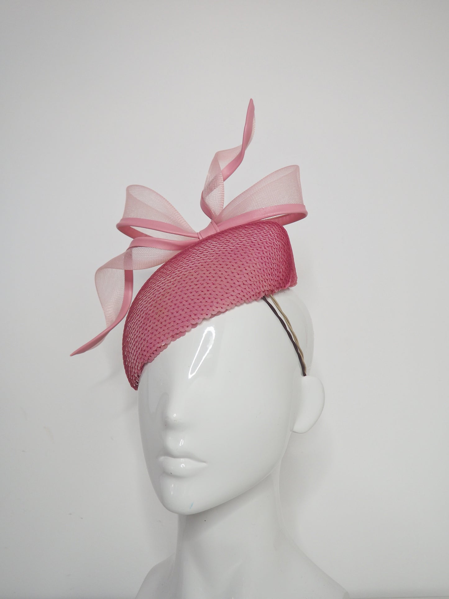 Dusty Rose- Dusty rose hand dyed sequin face hugger beret with pink leather edged crinoline bow.