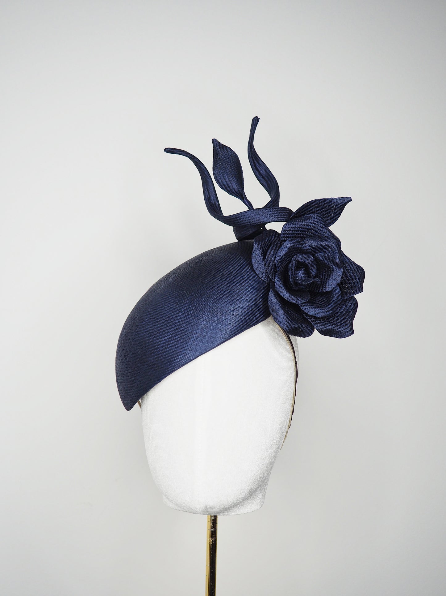 Ink in Bloom - ultra fine vintage Ink navy Blue straw headpiece with hand-sculpted rose and wired swirls