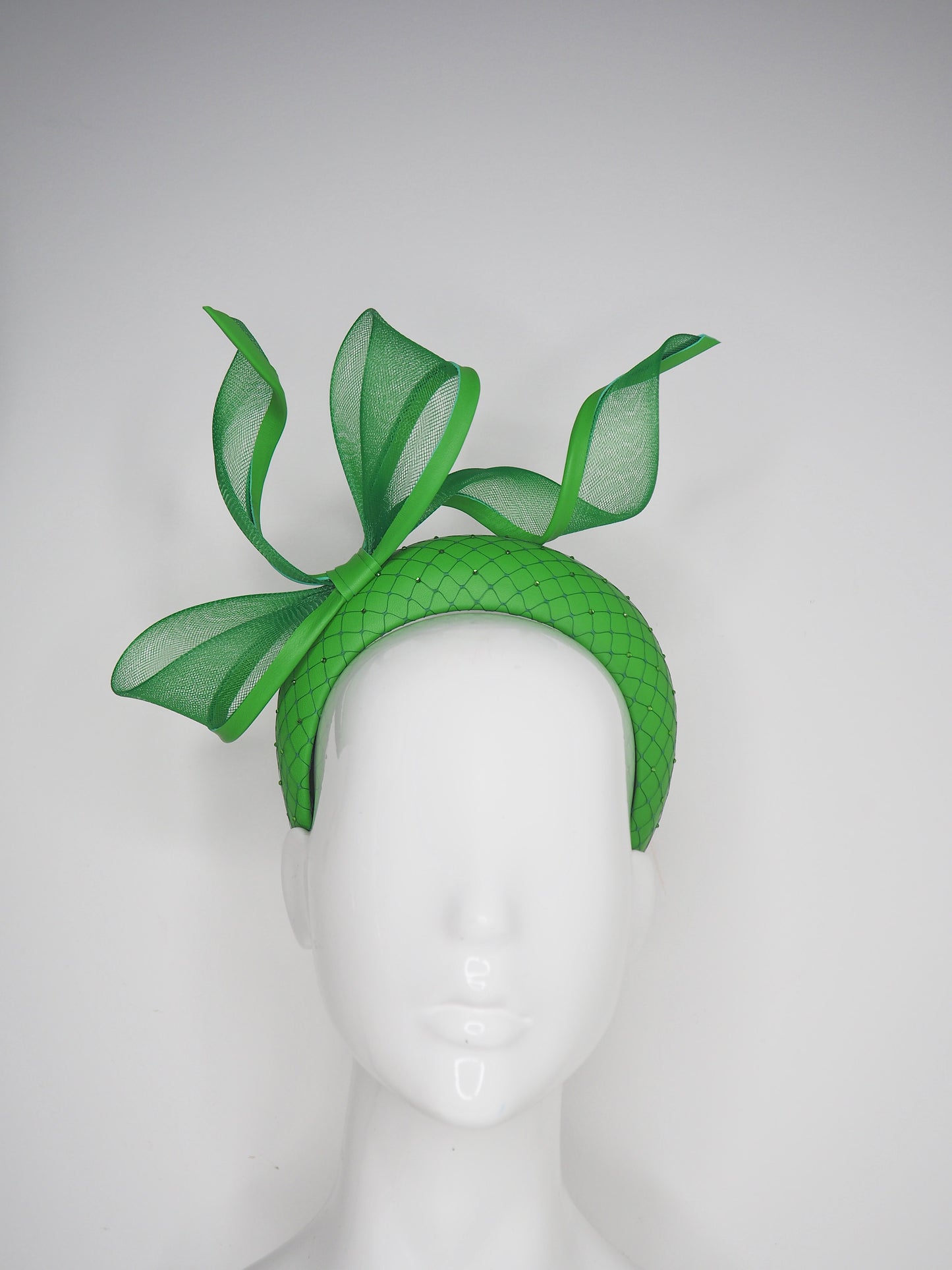 Luck of the Irish - Apple green Leather 3d headband with leather edged bow and crystal detail