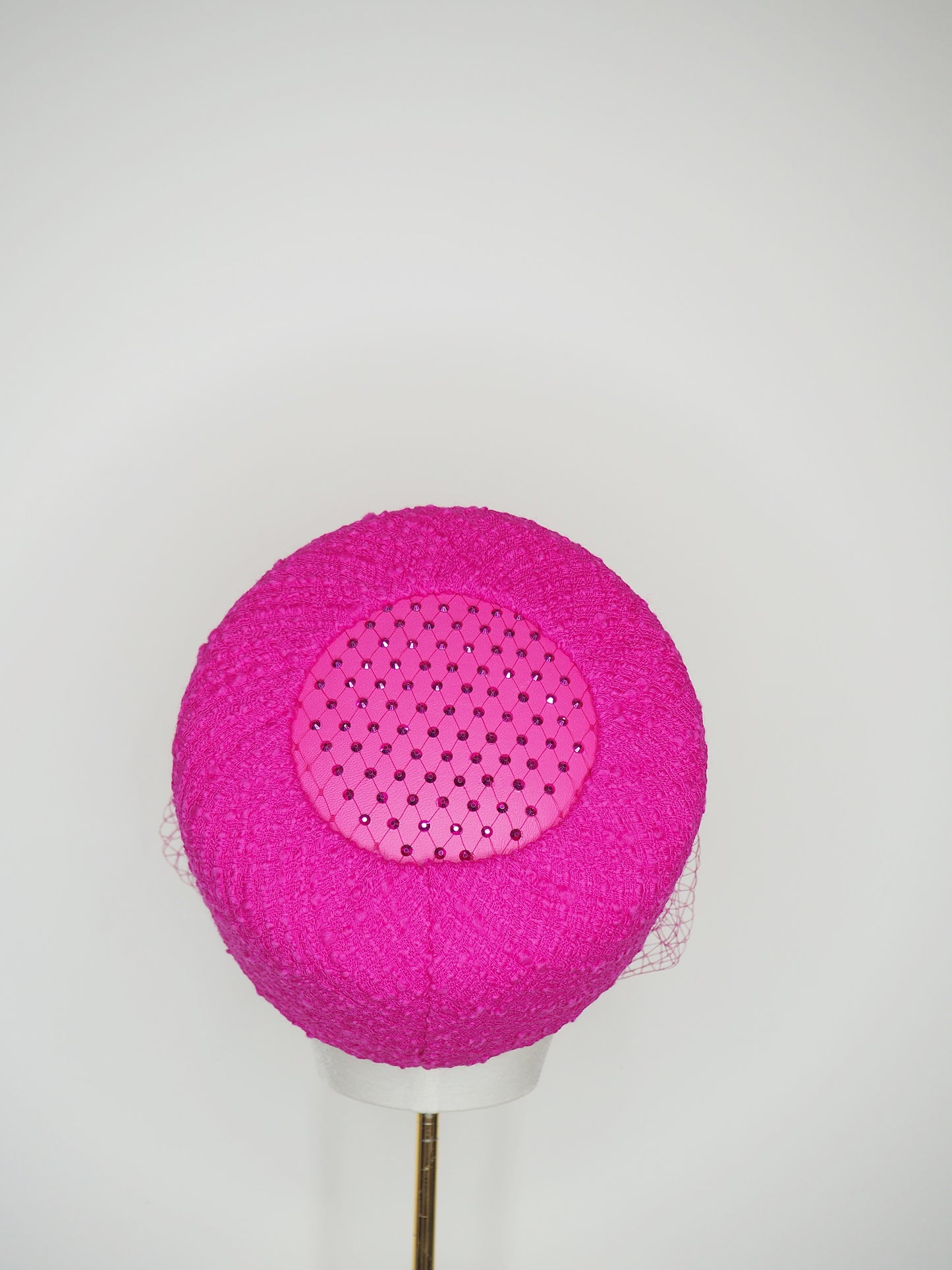 Jackie O-Hot pink Tweed with leather insert and crystal veil detail with detachable veil