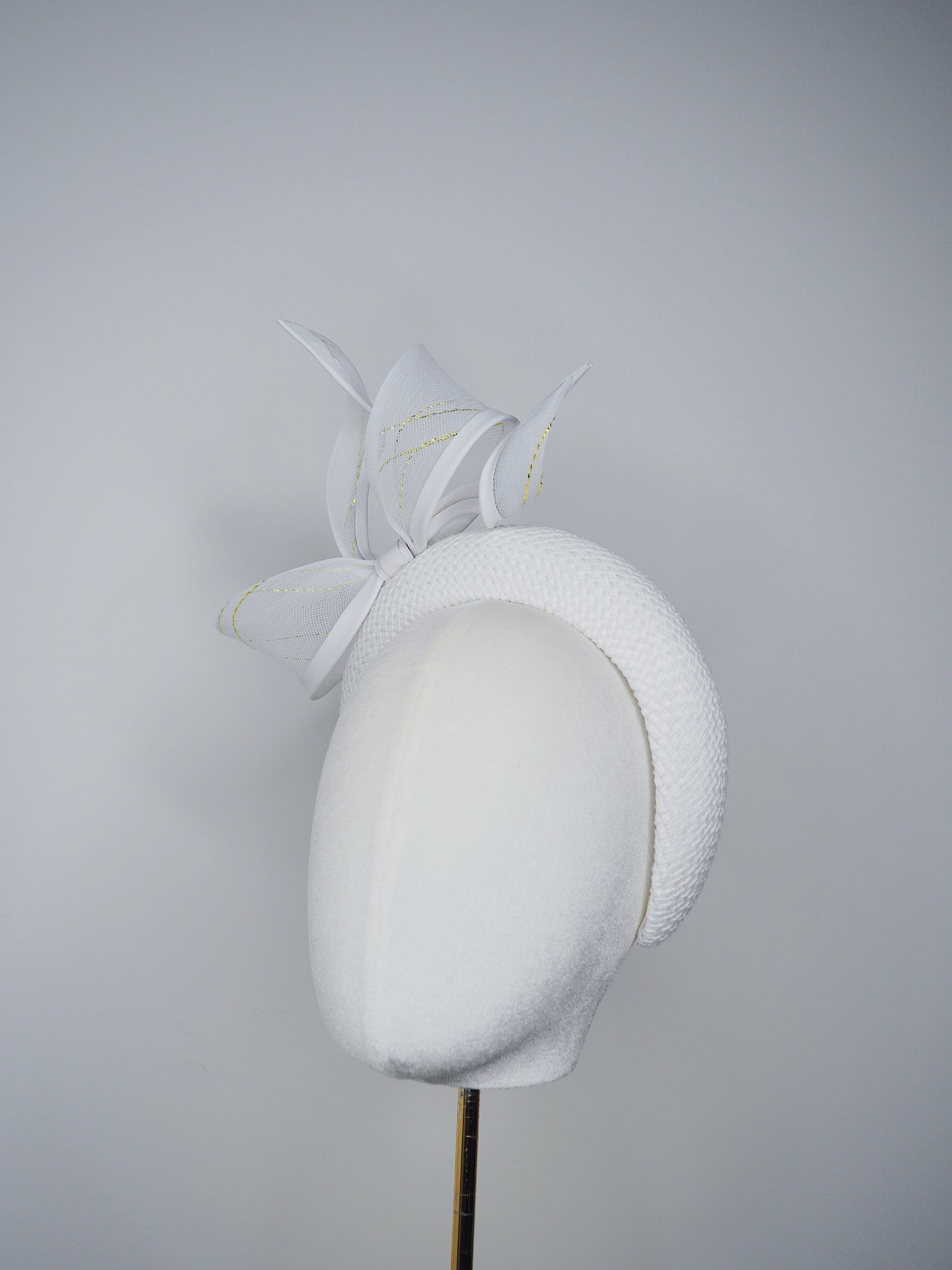Little Bow Peep -White cotton and raffia 3d headband with leather gold lurex edged bow