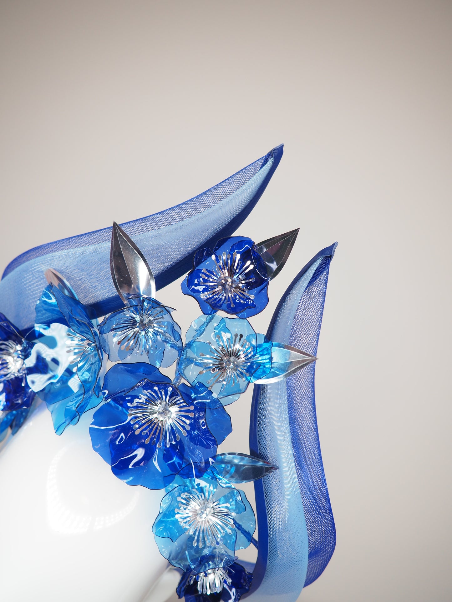 Blue without you - Blue wired headband with crinoline flourish and crystoform flower cascade