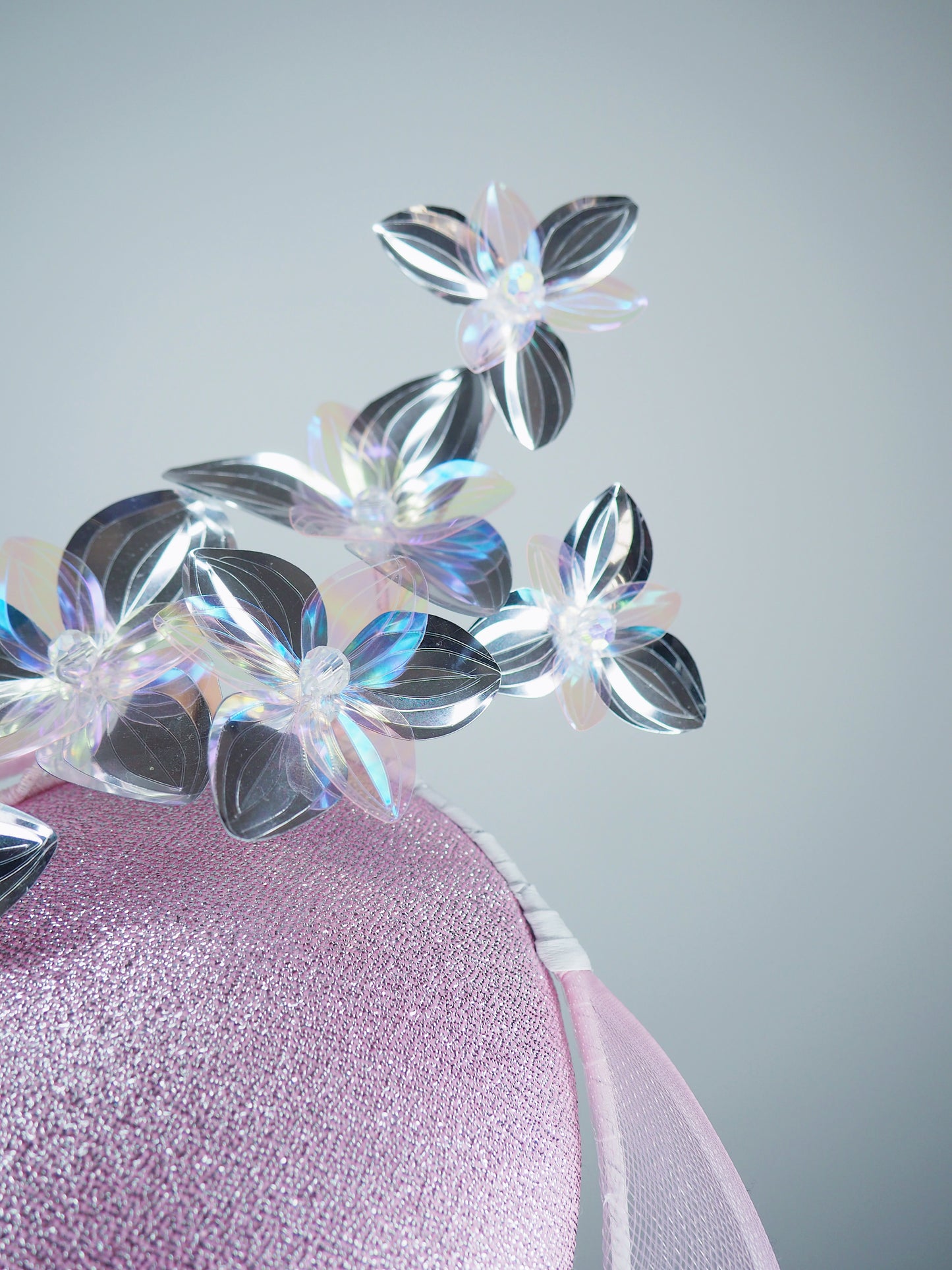 Pink mist - Pastel pink Percher with detached pink crin veil and silver and iridescent buds and