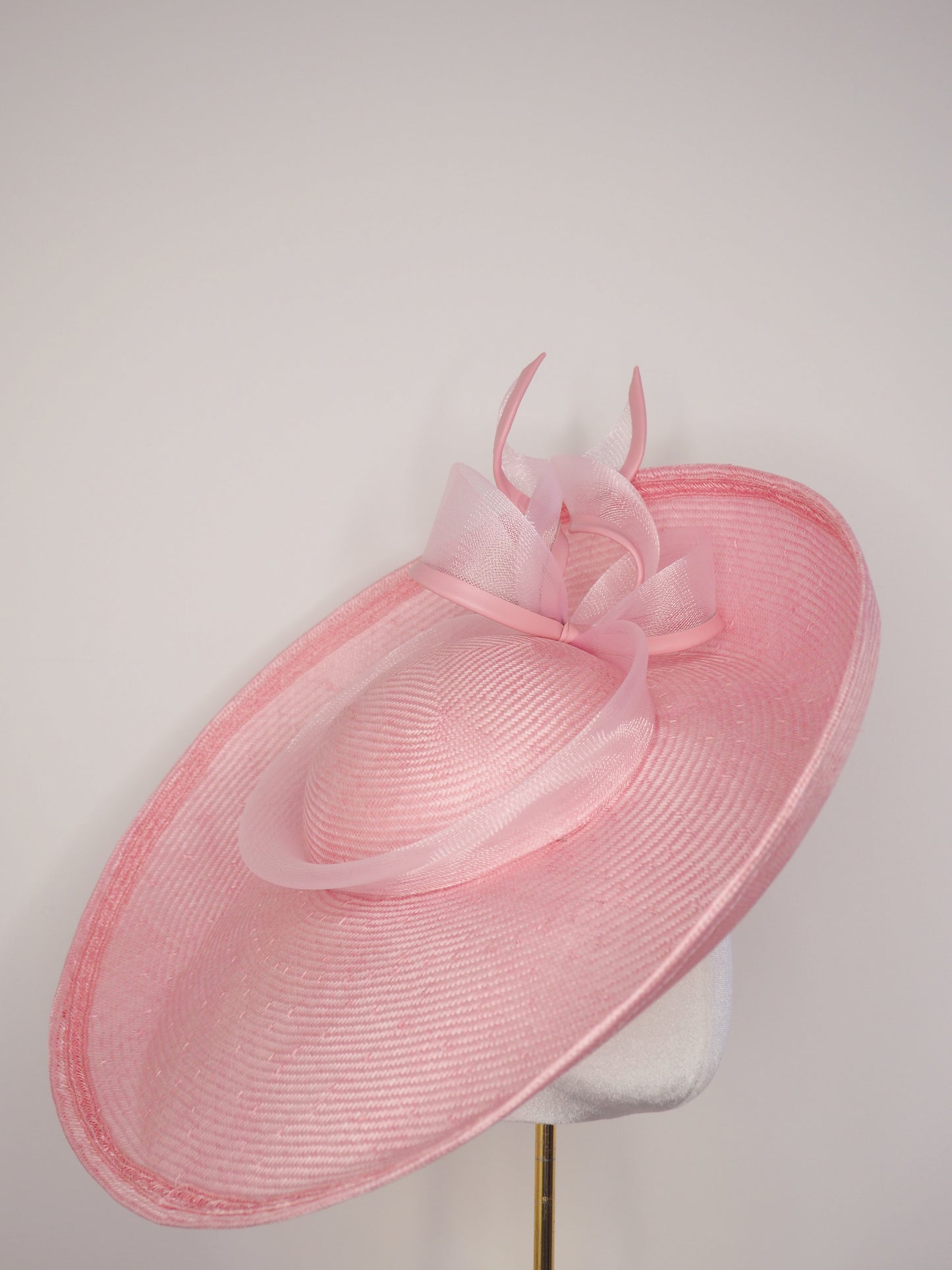 Pink Lady - Baby pink upturned brim hat with sculptural crinoline bow detail