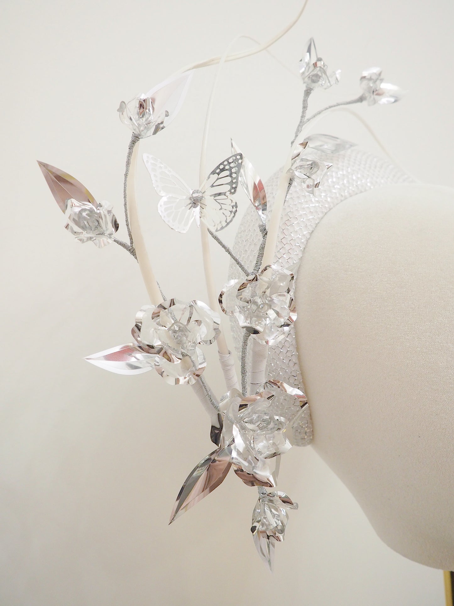 Where the wind blows - Silver lurex 3d headband with floating quills and silver crystoform rose bud vine