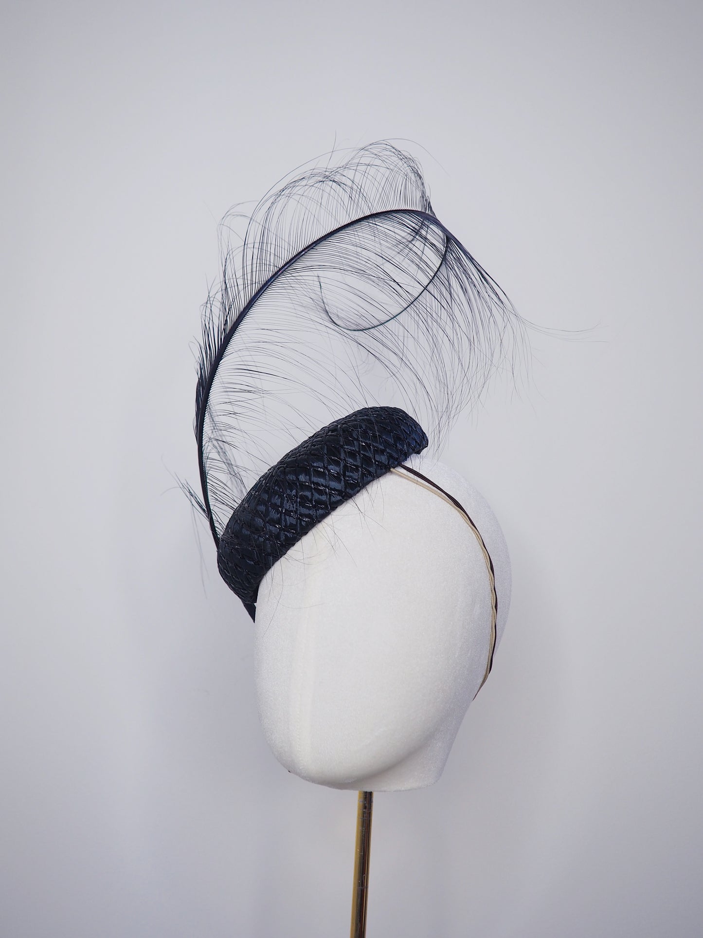 Midnight Ember - Vintage navy straw button headpiece with leather wrapped curled burnt ostrich feather