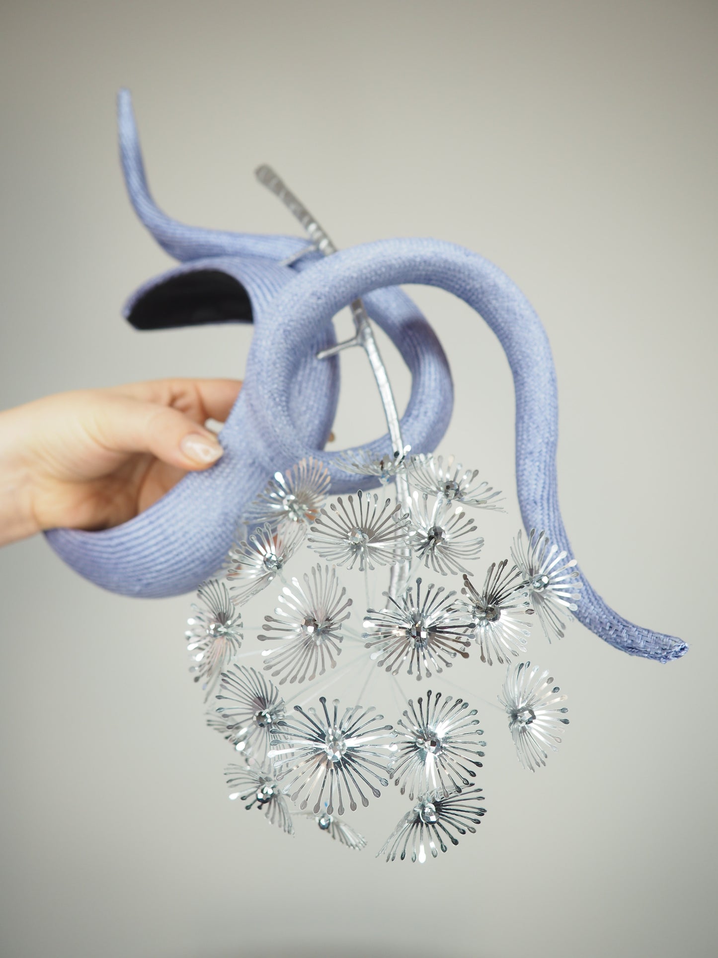 Dandelion delight - periwinkle parisisal straw headband with silver beaded sequin dandelion