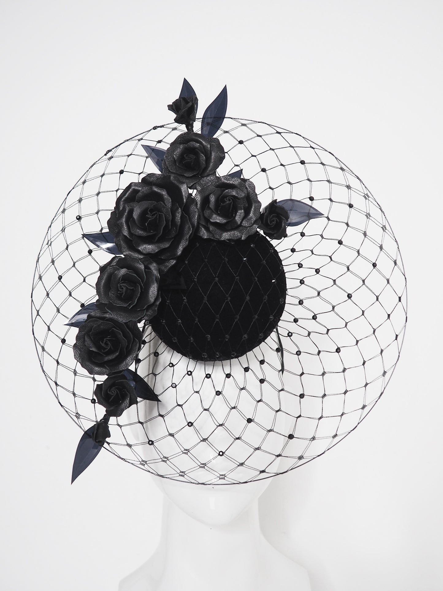 Velvet night - Black velvet veiled percher with leather flowers and crystal detail