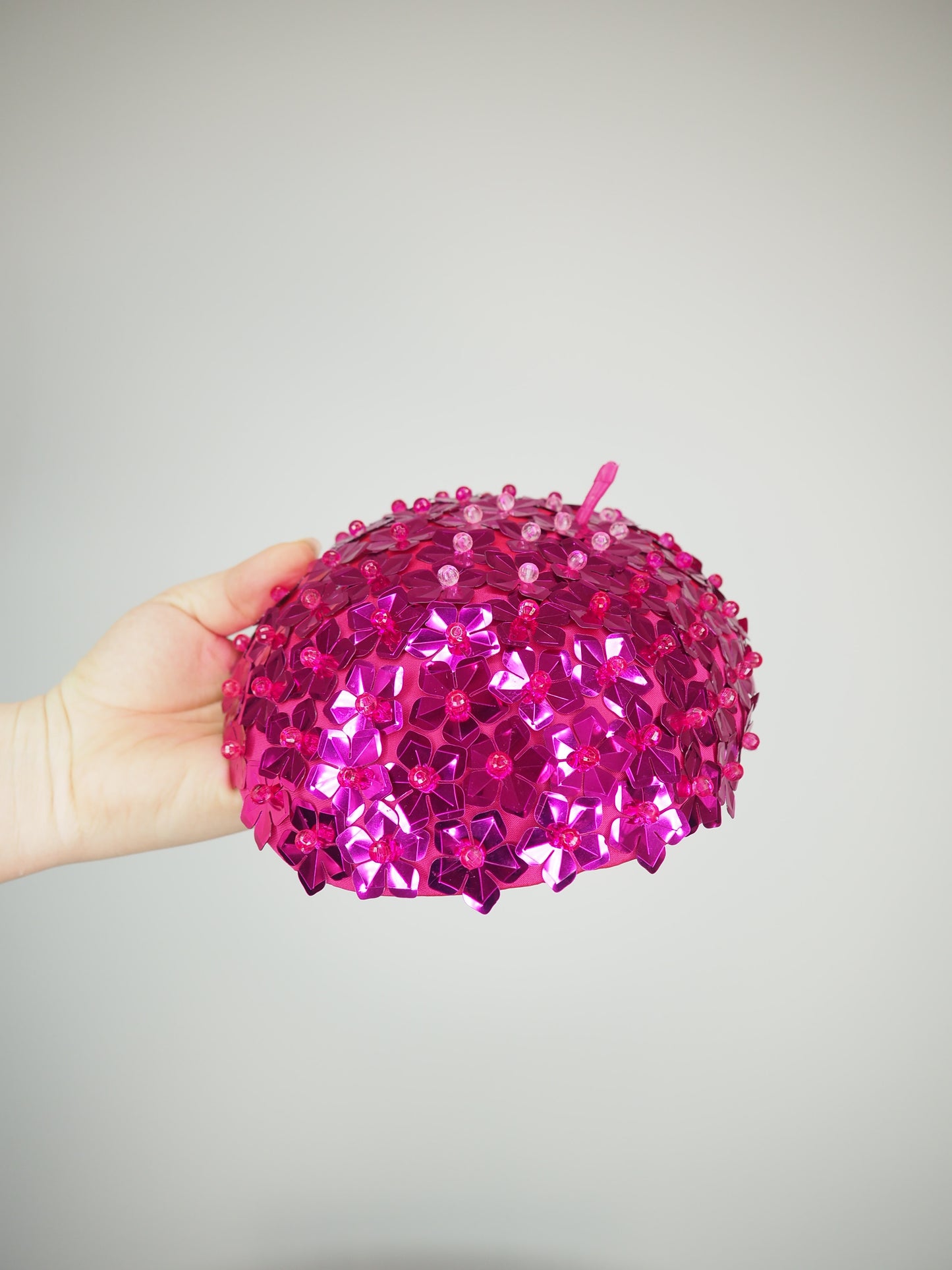 Blossom - Hot Pink - Hot pink beaded Sequin flower on a fuschia fabric beret