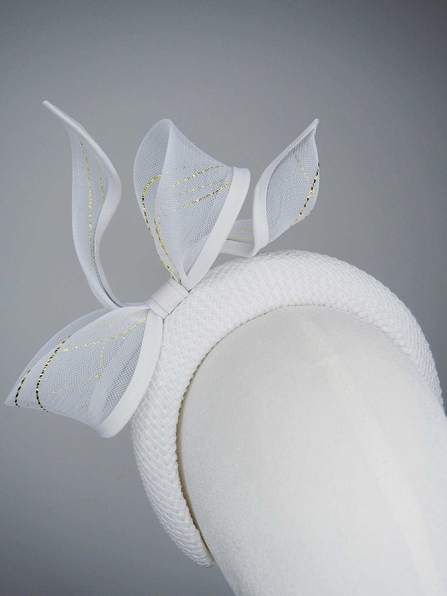 Little Bow Peep -White cotton and raffia 3d headband with leather gold lurex edged bow