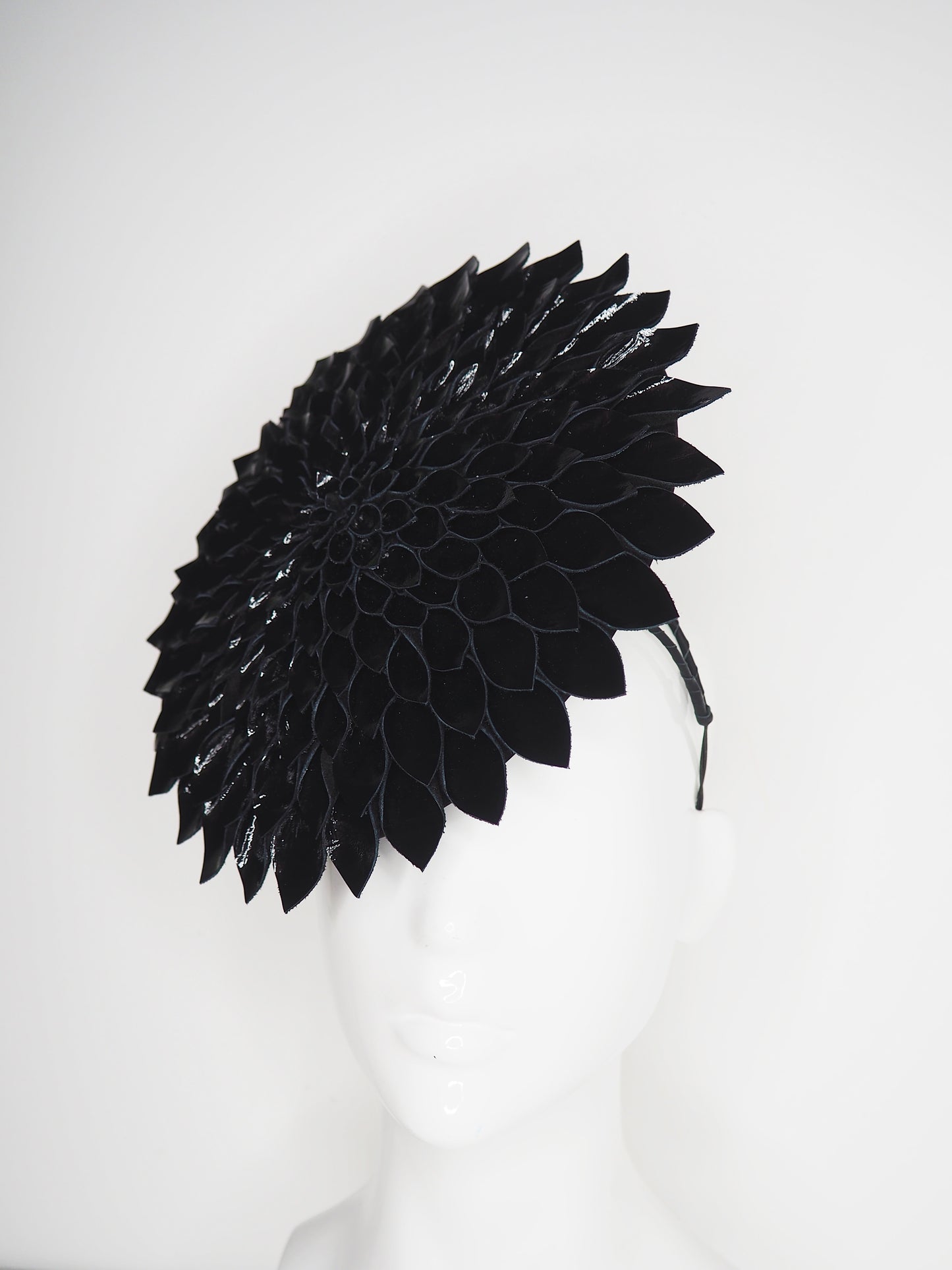 Dahlia - Black Patent Leather Percher disc with leather petal detail