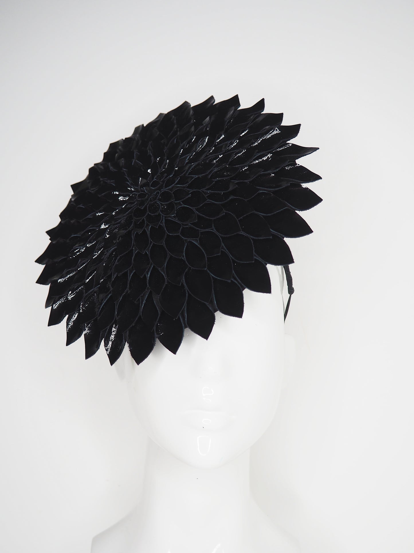 Dahlia - Black Patent Leather Percher disc with leather petal detail