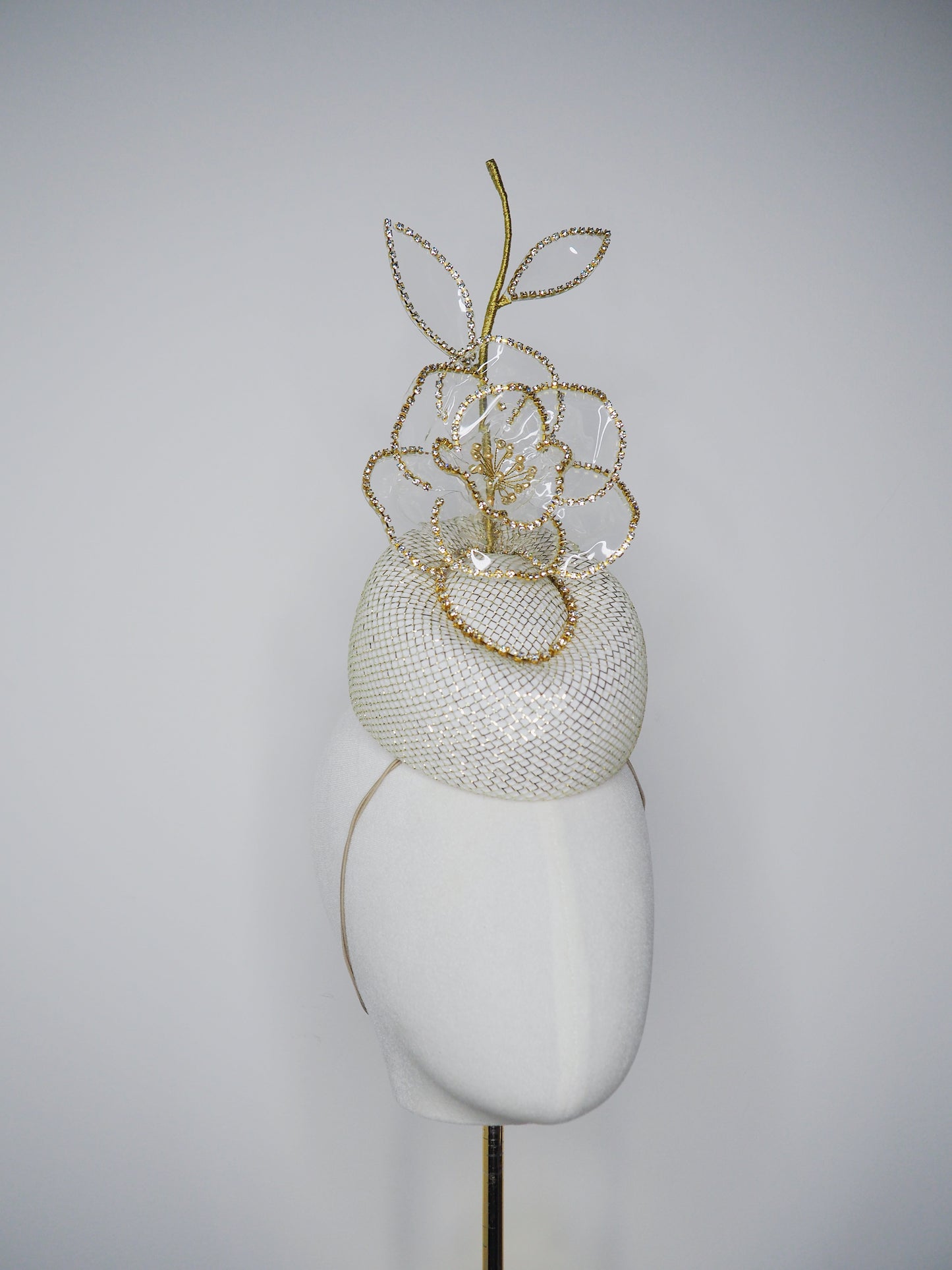 Golden Hour Rose - Pale gold lurex pork pie pillbox with gold diamante chain detail and a diamante encrusted crystoform rose