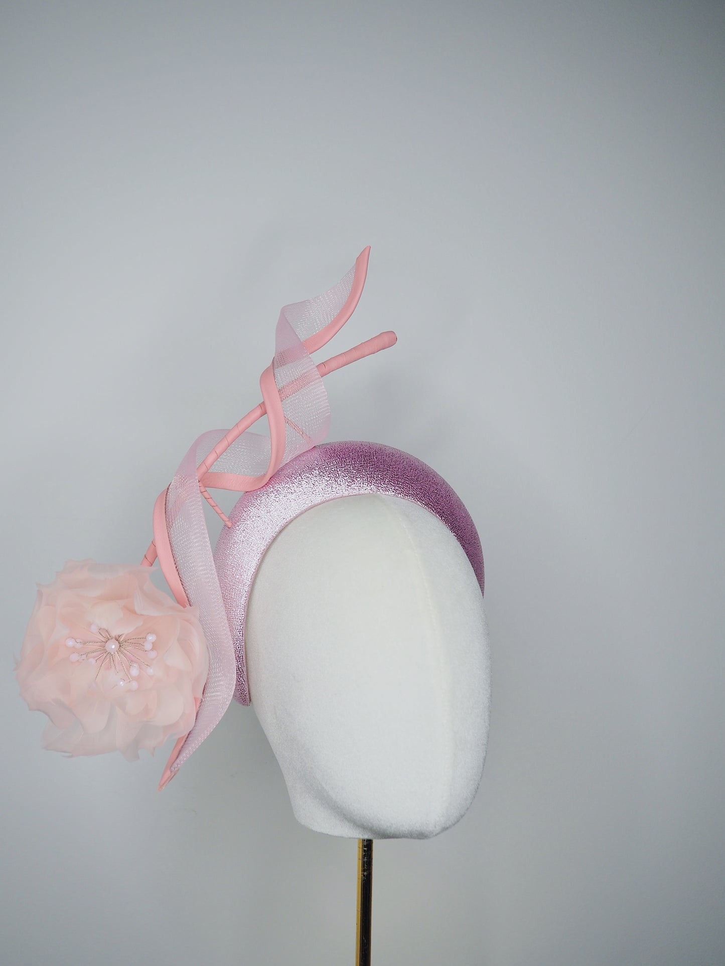 Sugar Swirl - Baby pink sparkly headband with feather flower and crinoline swirl