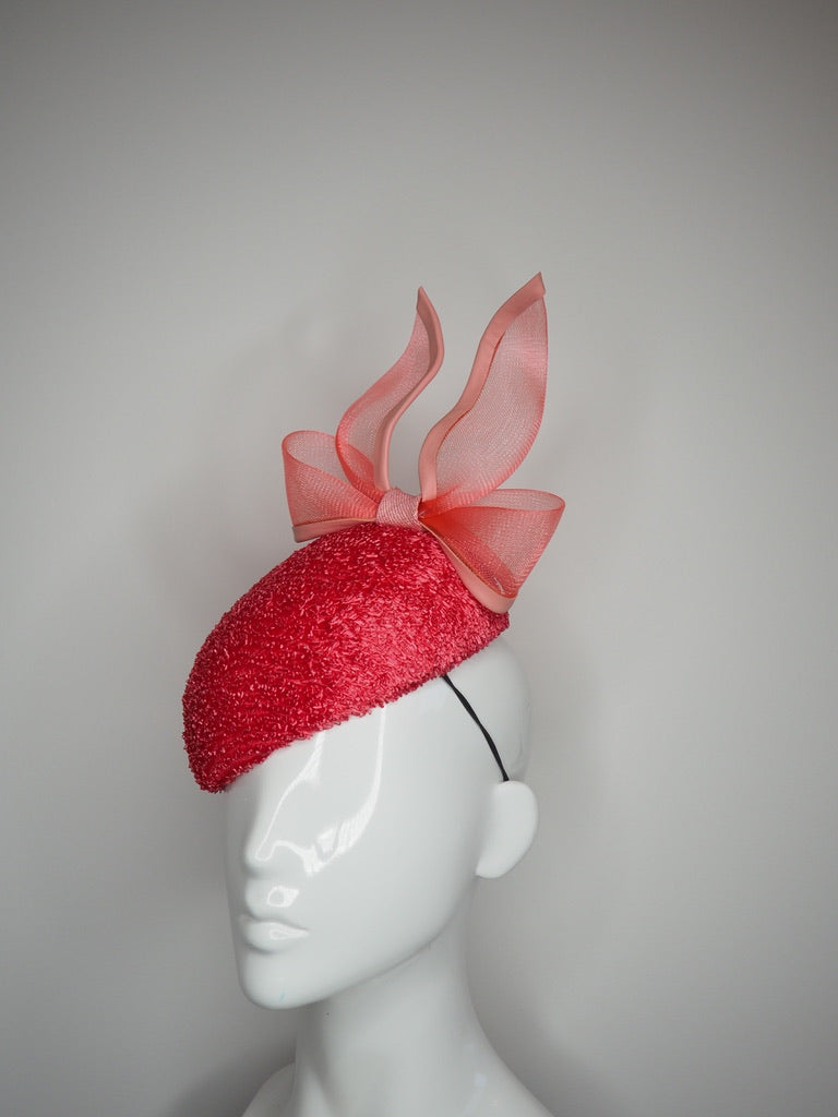 Watermelon Sugar- Watermelon coloured vintage straw cloth beret with leather edged flamingo pink crinoline bow.