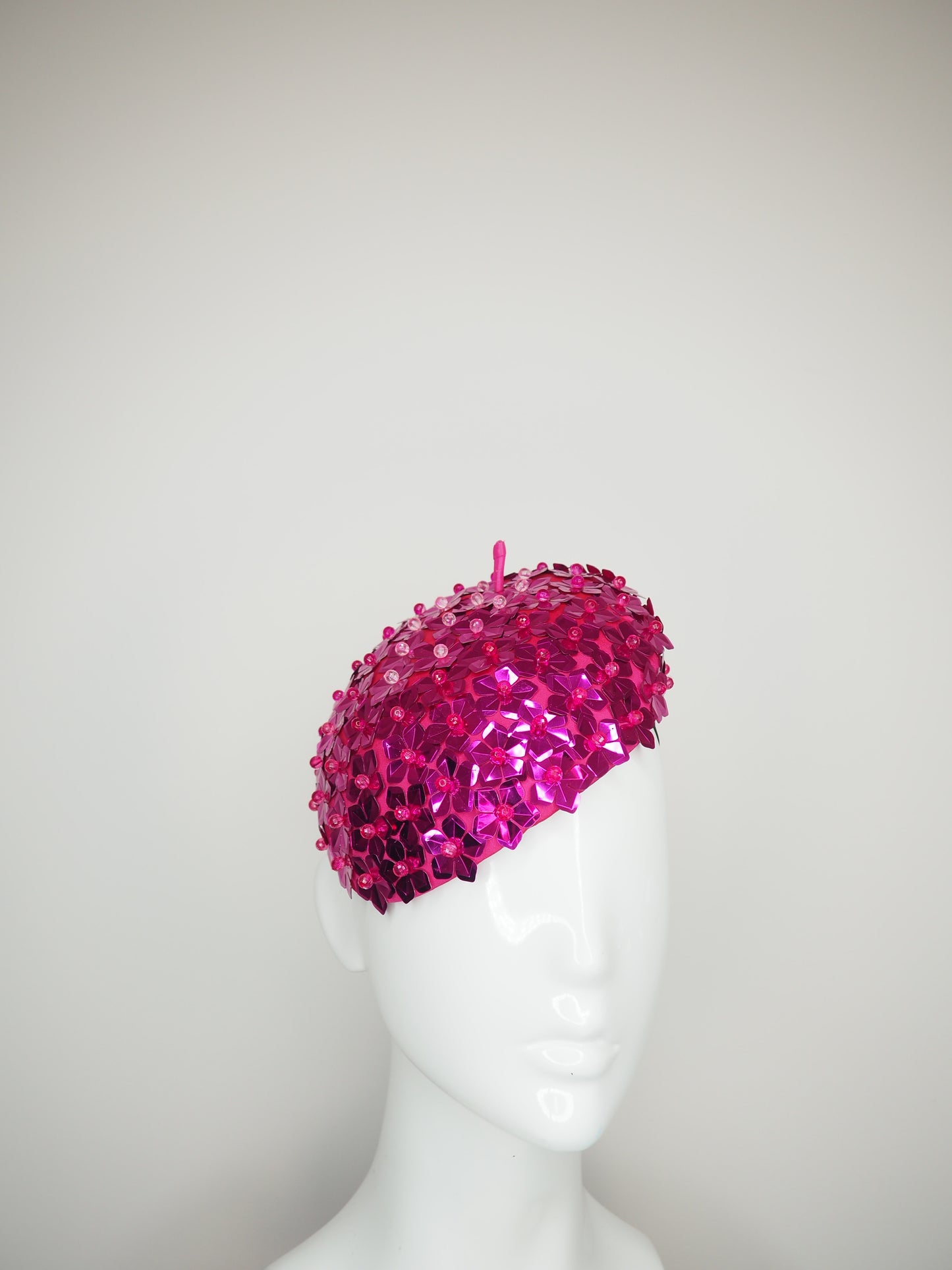 Blossom - Hot Pink - Hot pink beaded Sequin flower on a fuschia fabric beret