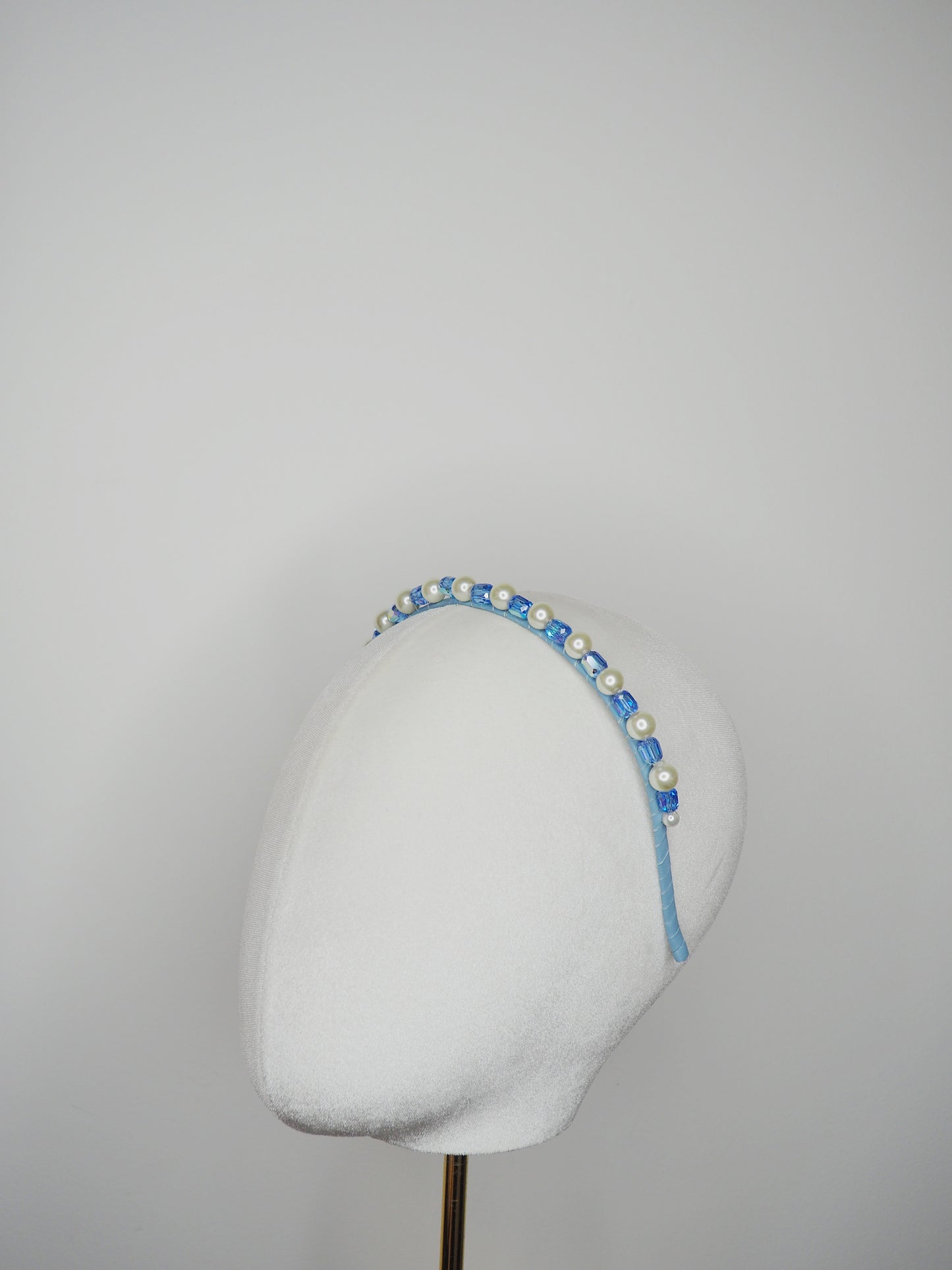 Alexa - Pale Sapphire glass bead and pearl headband with delicate iridescent effect