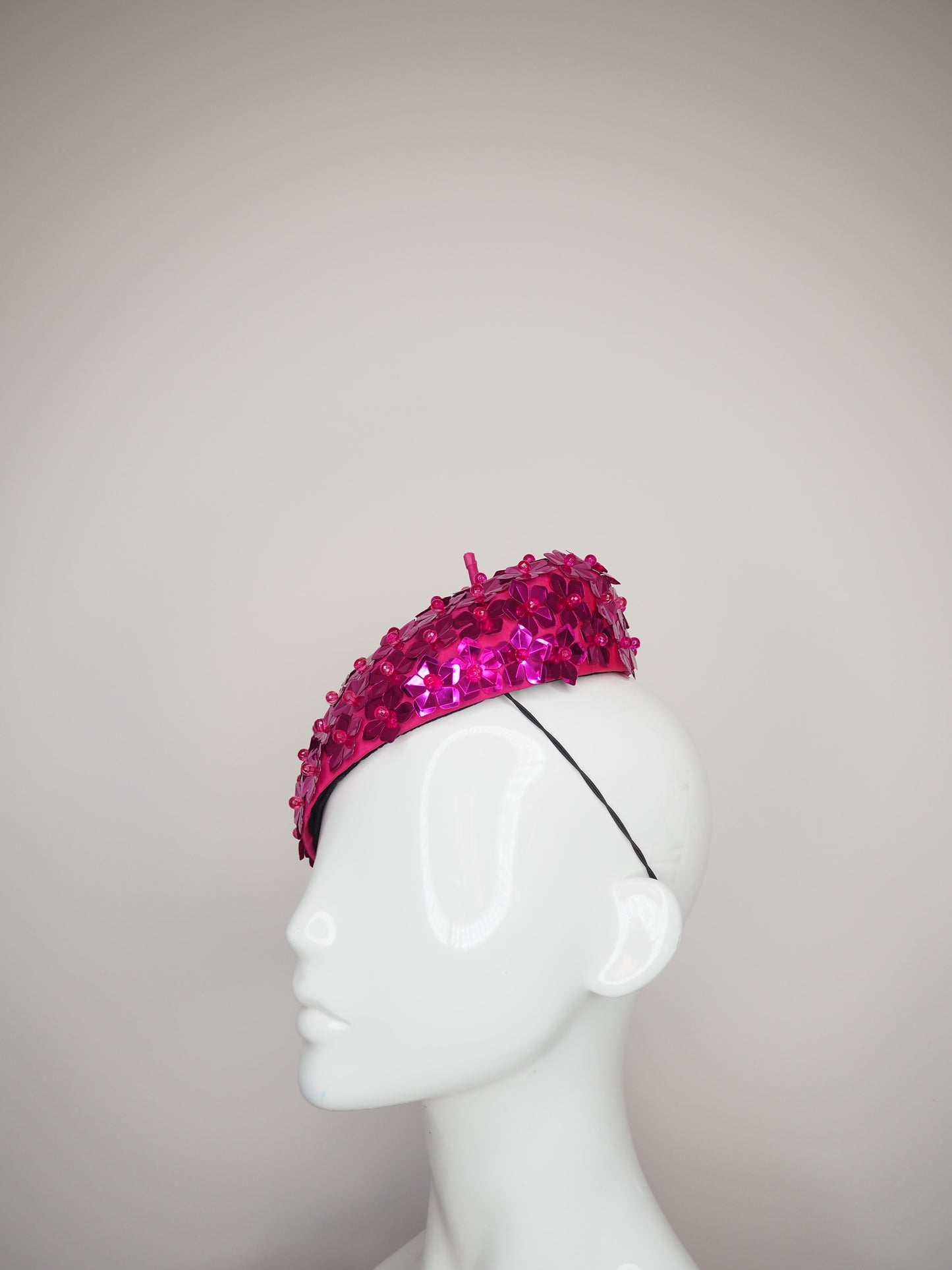 Blossom - Hot Pink - Hot pink beaded Sequin flower on a fuschia fabric beret