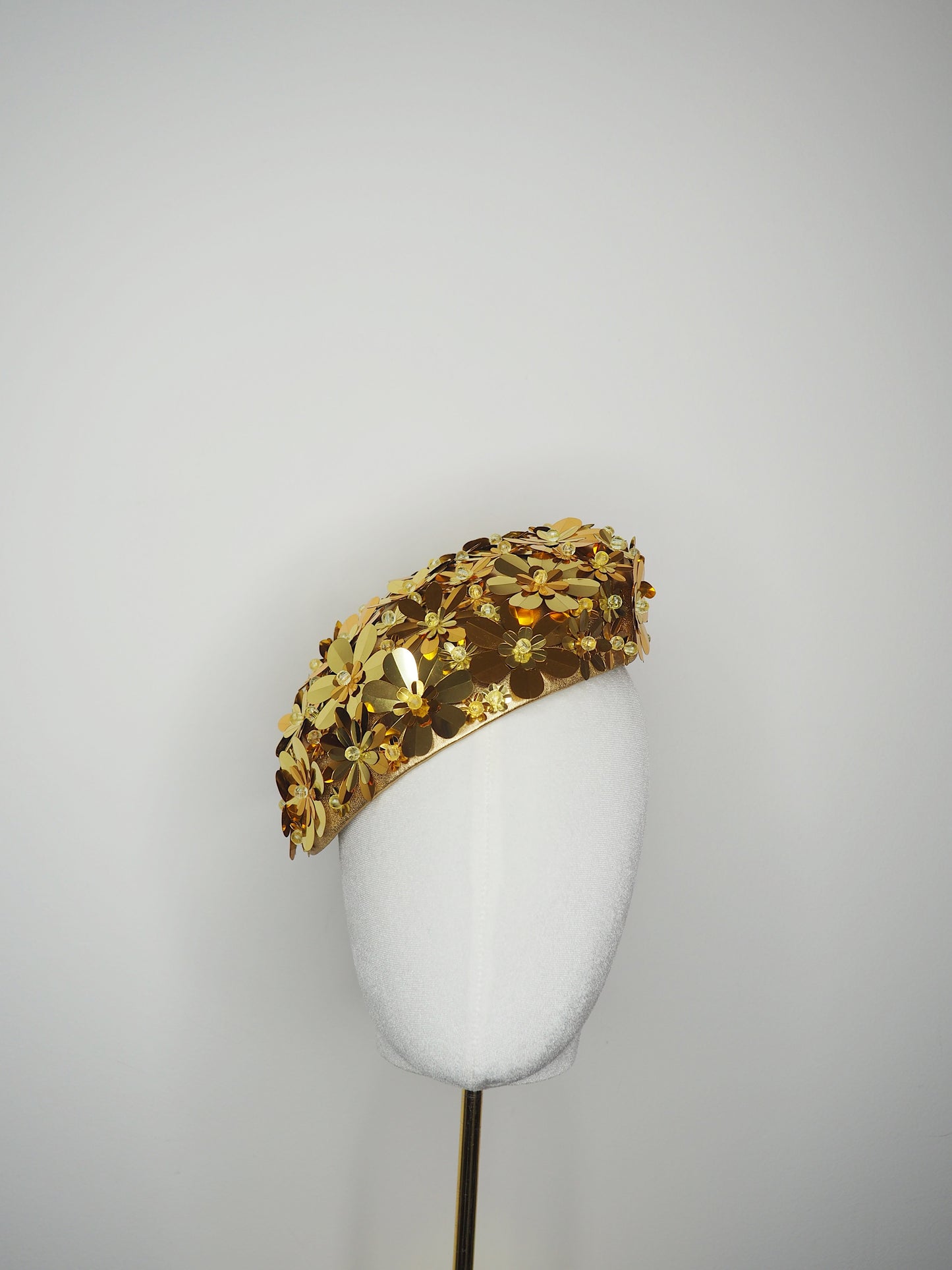 Blossom - Gold Two toned beaded Sequin flower on gold fabric beret