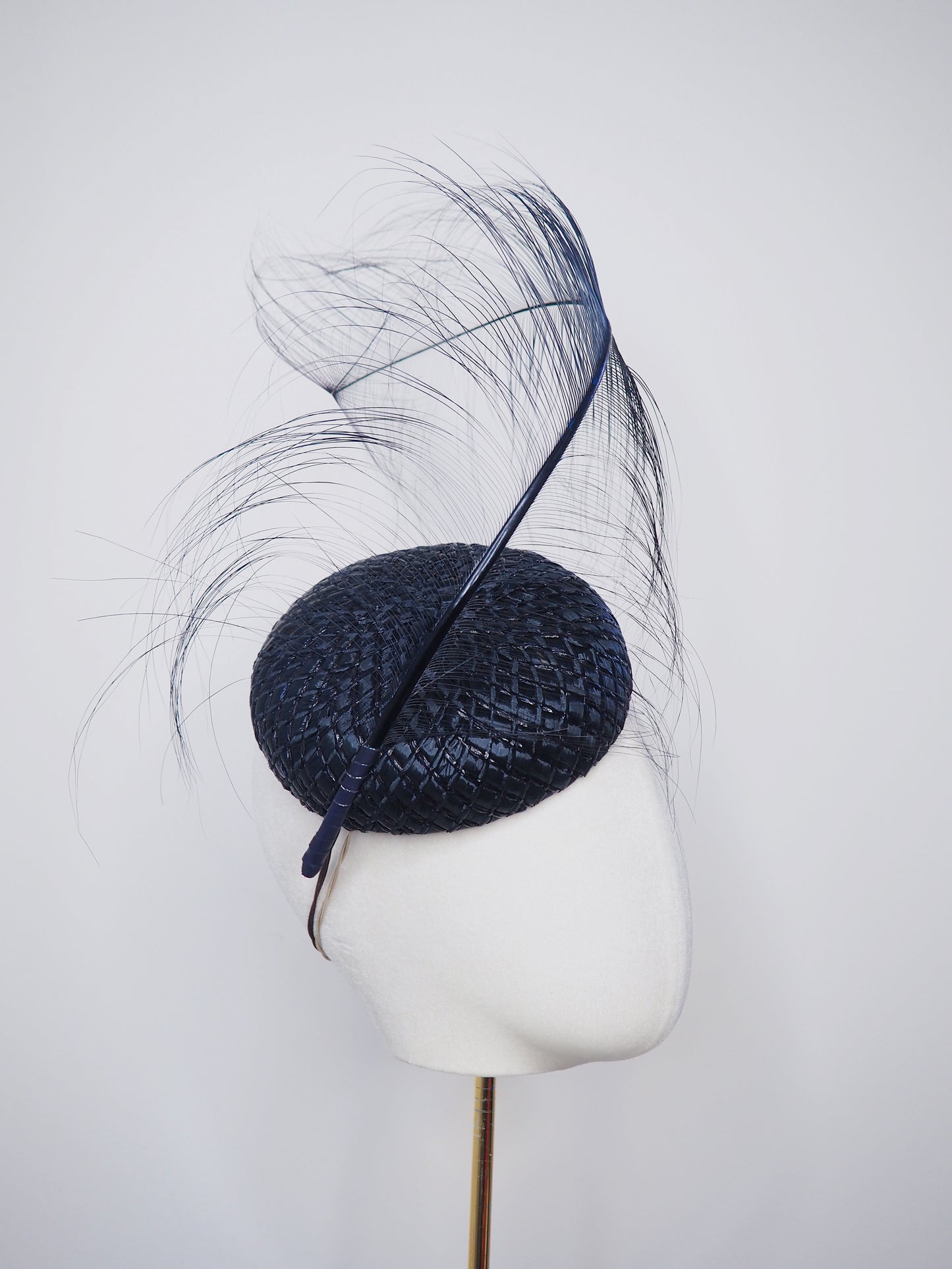 Midnight Ember - Vintage navy straw button headpiece with leather wrapped curled burnt ostrich feather