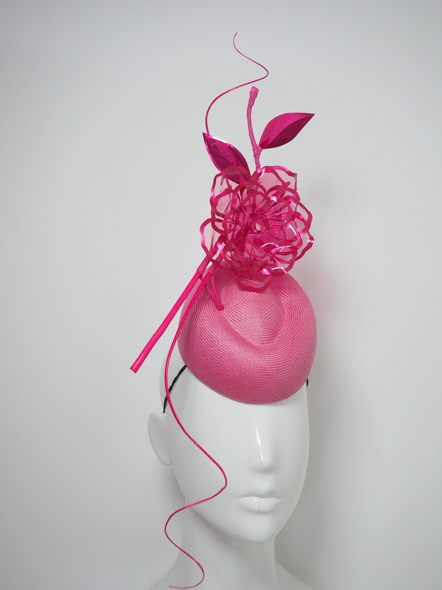Candy Rose- Ultra fine Vintage Candy pink parisisal straw pork pie pillbox with crystoform rose and raspberry details