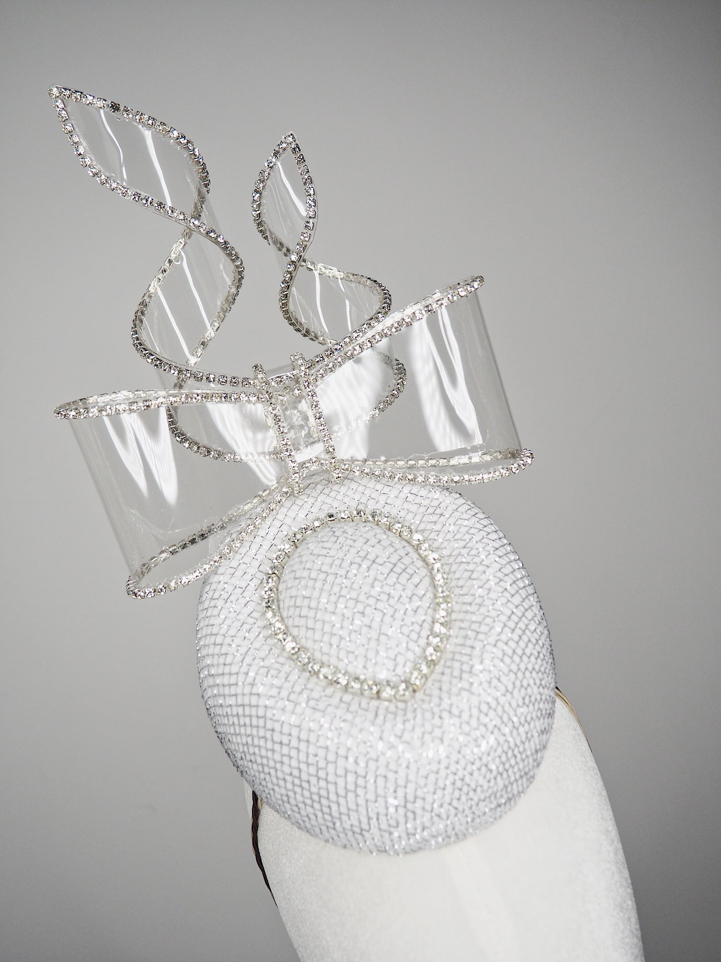 Bow & Grace - white and silver lurex Pork pie pillbox with embellihed crystoform bow