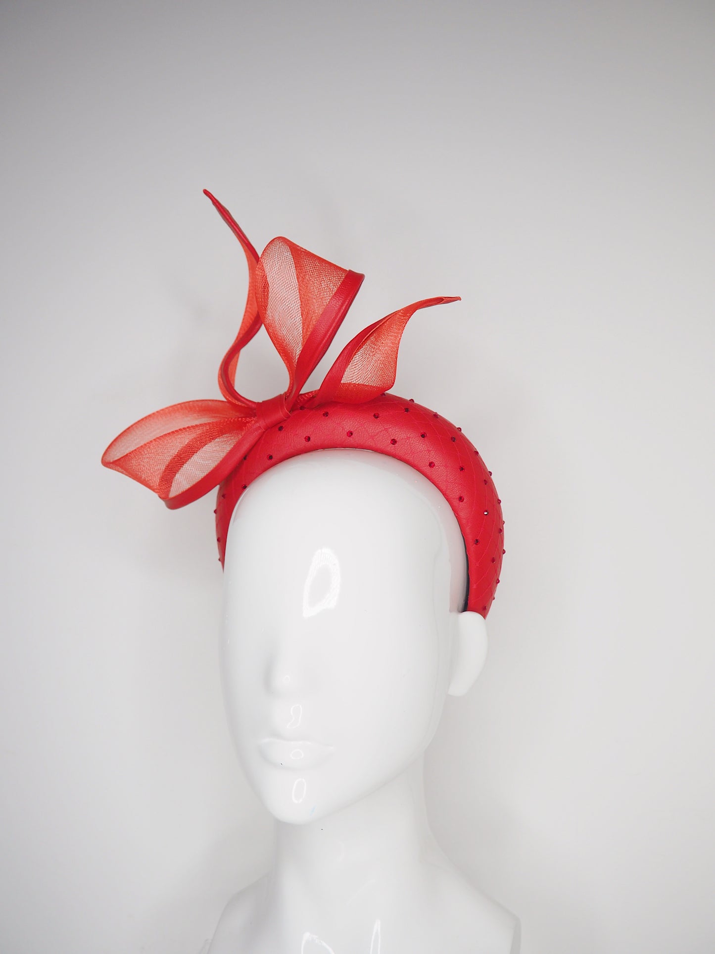 Little Bow Peep - Red Leather 3d headband with leather edged bow and crystal detail