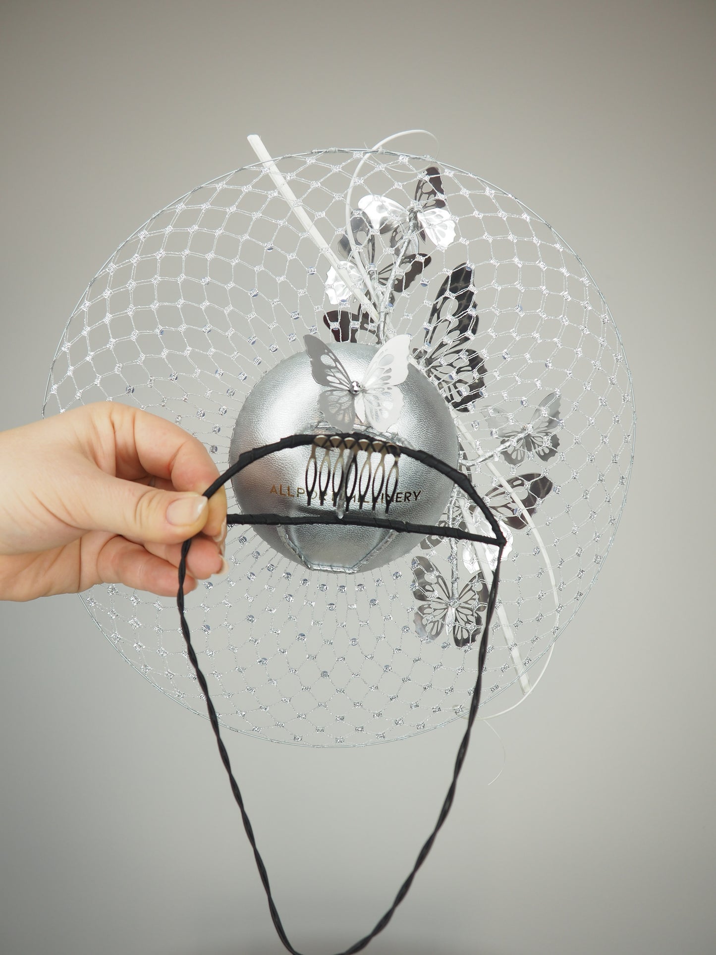 Taking Flight - Silver leather veiled percher with crystoform butterflies