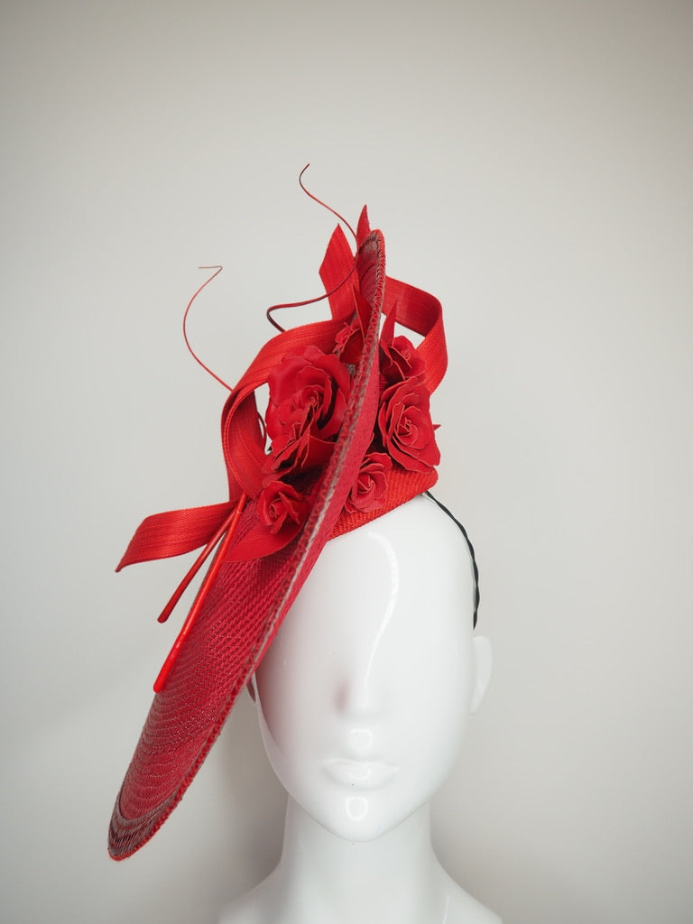 Fever dreams - Red buntal straw curved saucer brim with rose vine and jinsin swirls