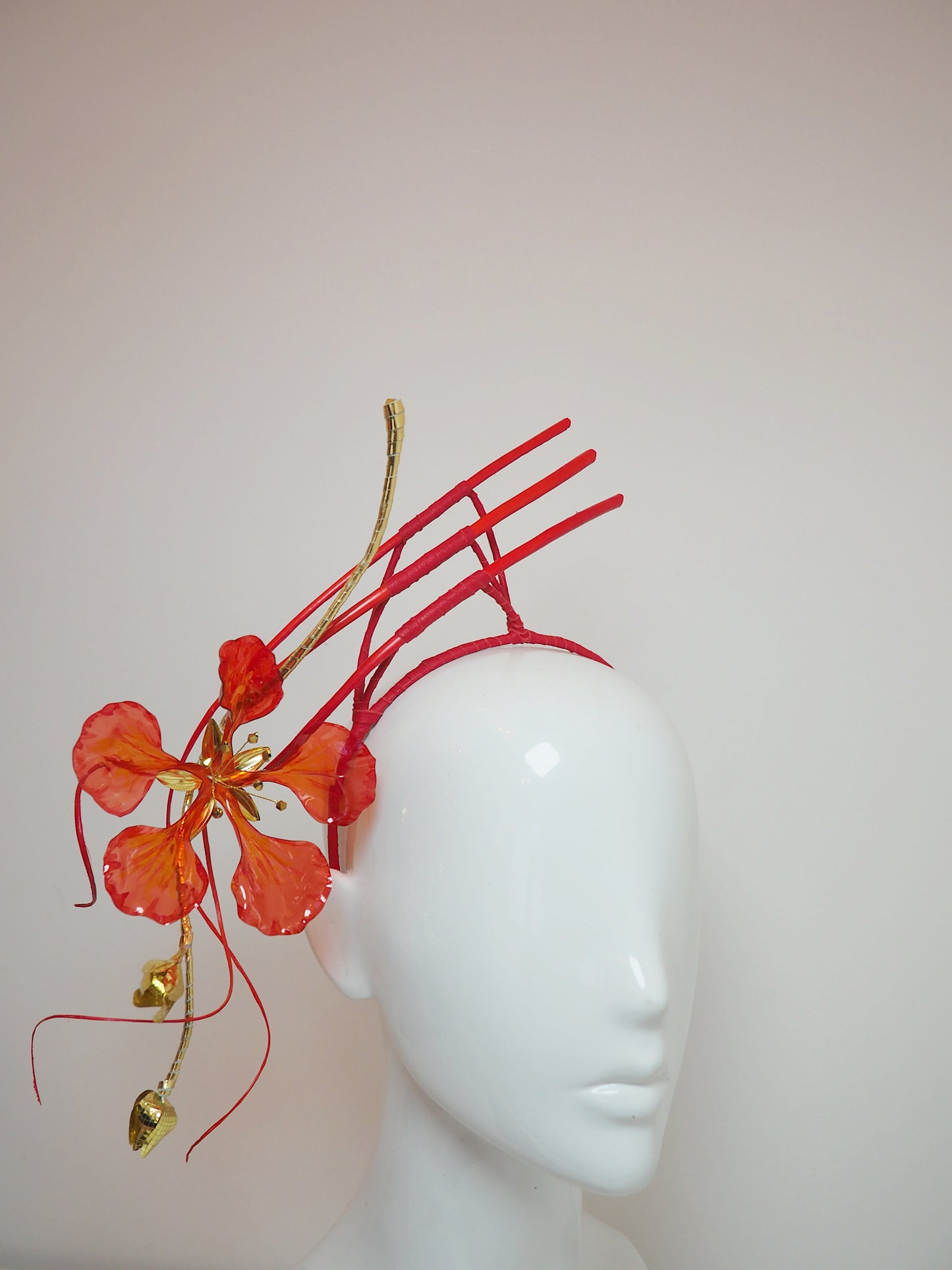 Paint the Town Red - Painted crystoform Flame Tree Bloom with golden buds and a flourish of quills