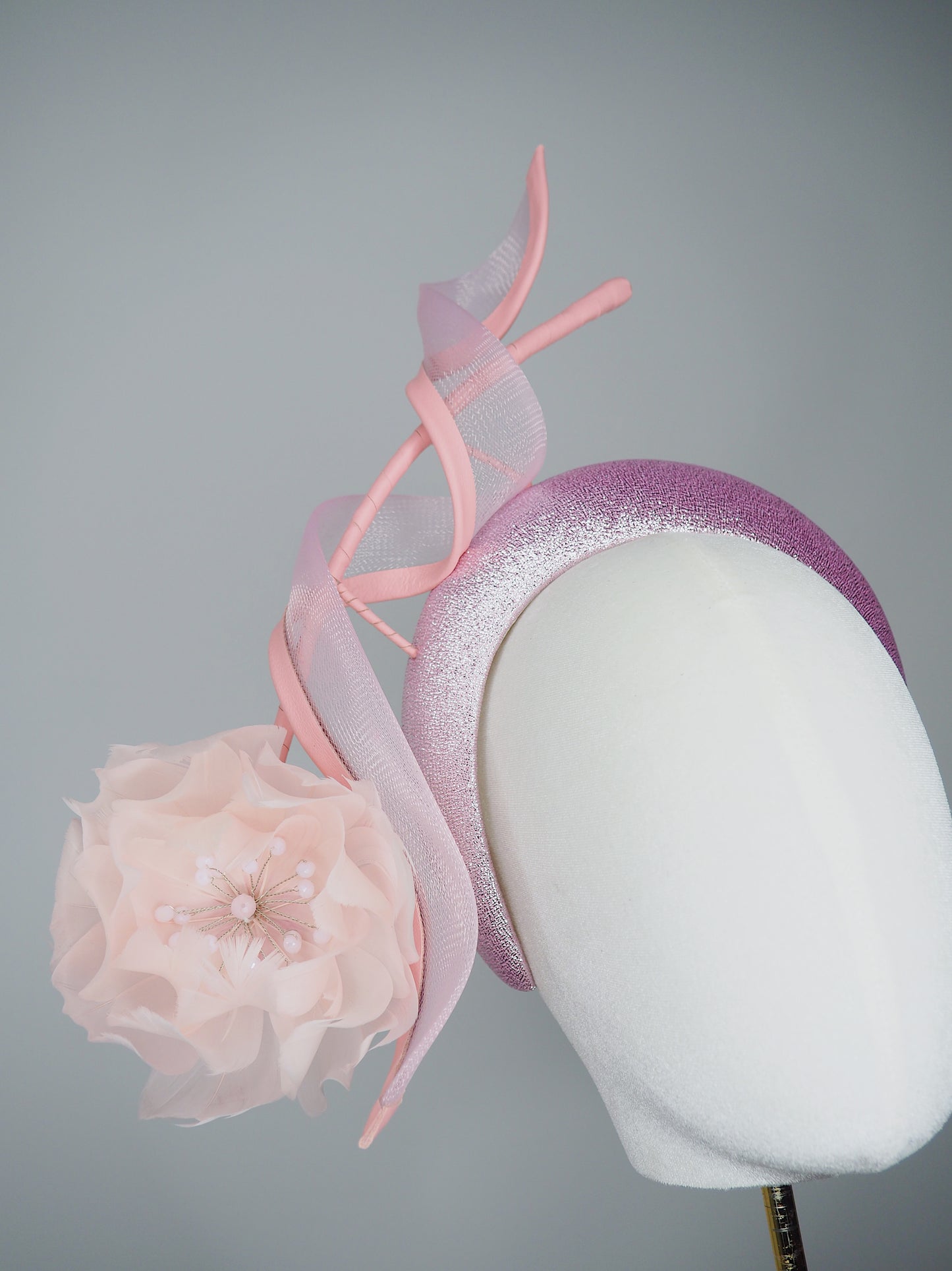 Sugar Swirl - Baby pink sparkly headband with feather flower and crinoline swirl