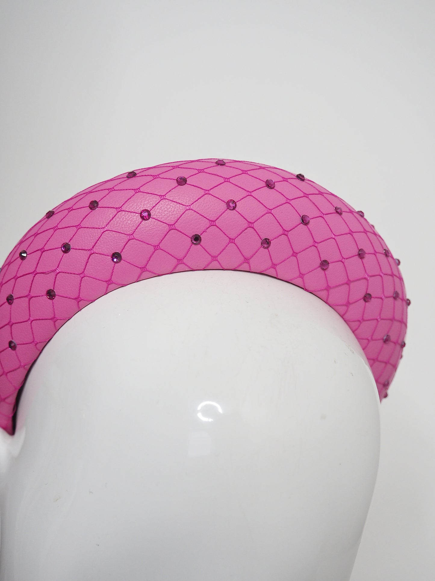 Mia - Sparkle - candy pink leather 3d blocked headband with veil and crystal detail