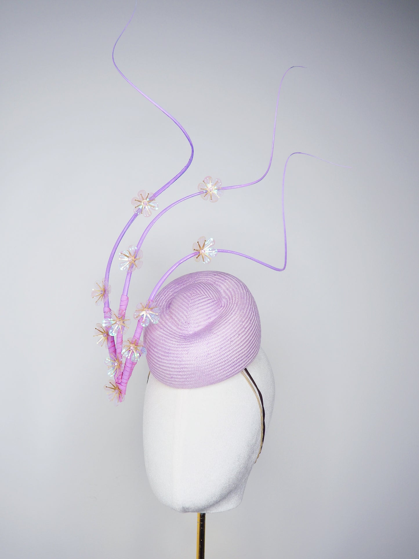 Blossoms in Flight - Pastel lilac pork pie pillbox with floating quills and iridescent cherry blossom detail