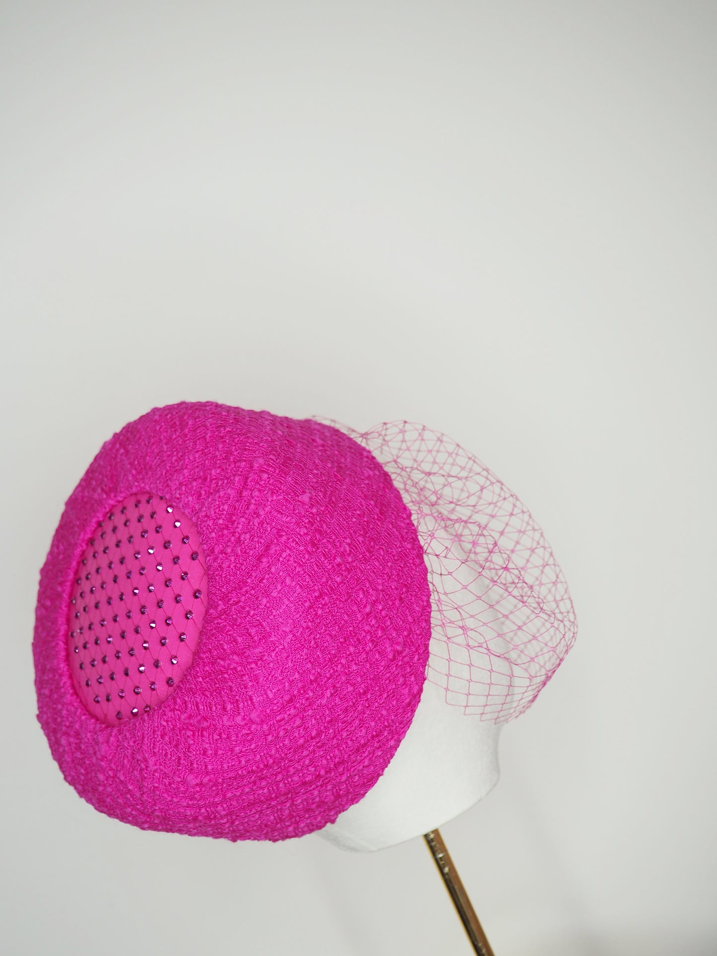 Jackie O-Hot pink Tweed with leather insert and crystal veil detail with detachable veil