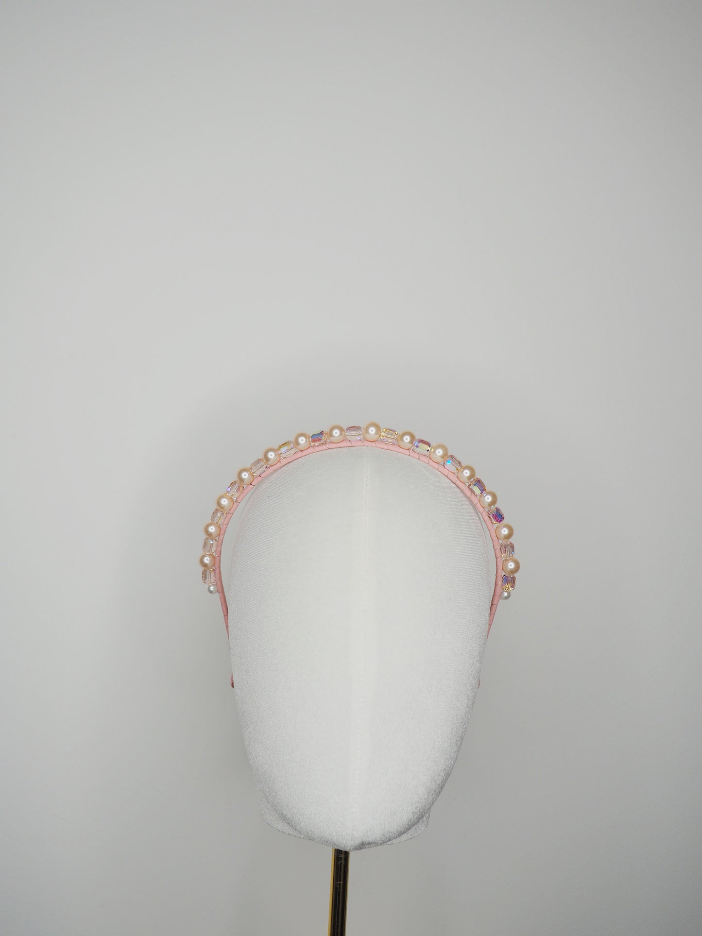 Alexa - Baby pink glass bead and pearl headband with delicate iridescent effect
