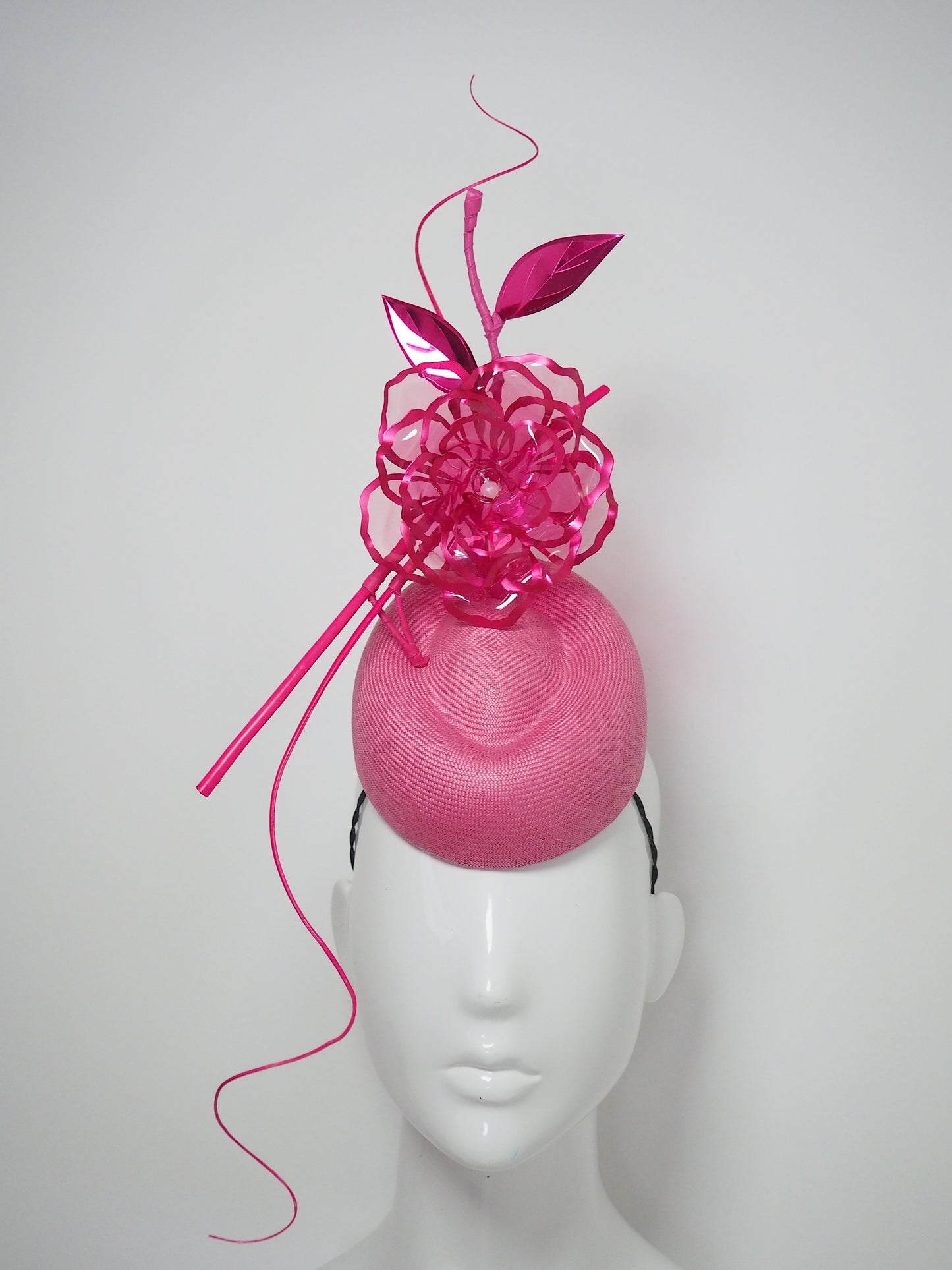 Candy Rose- Ultra fine Vintage Candy pink parisisal straw pork pie pillbox with crystoform rose and raspberry details
